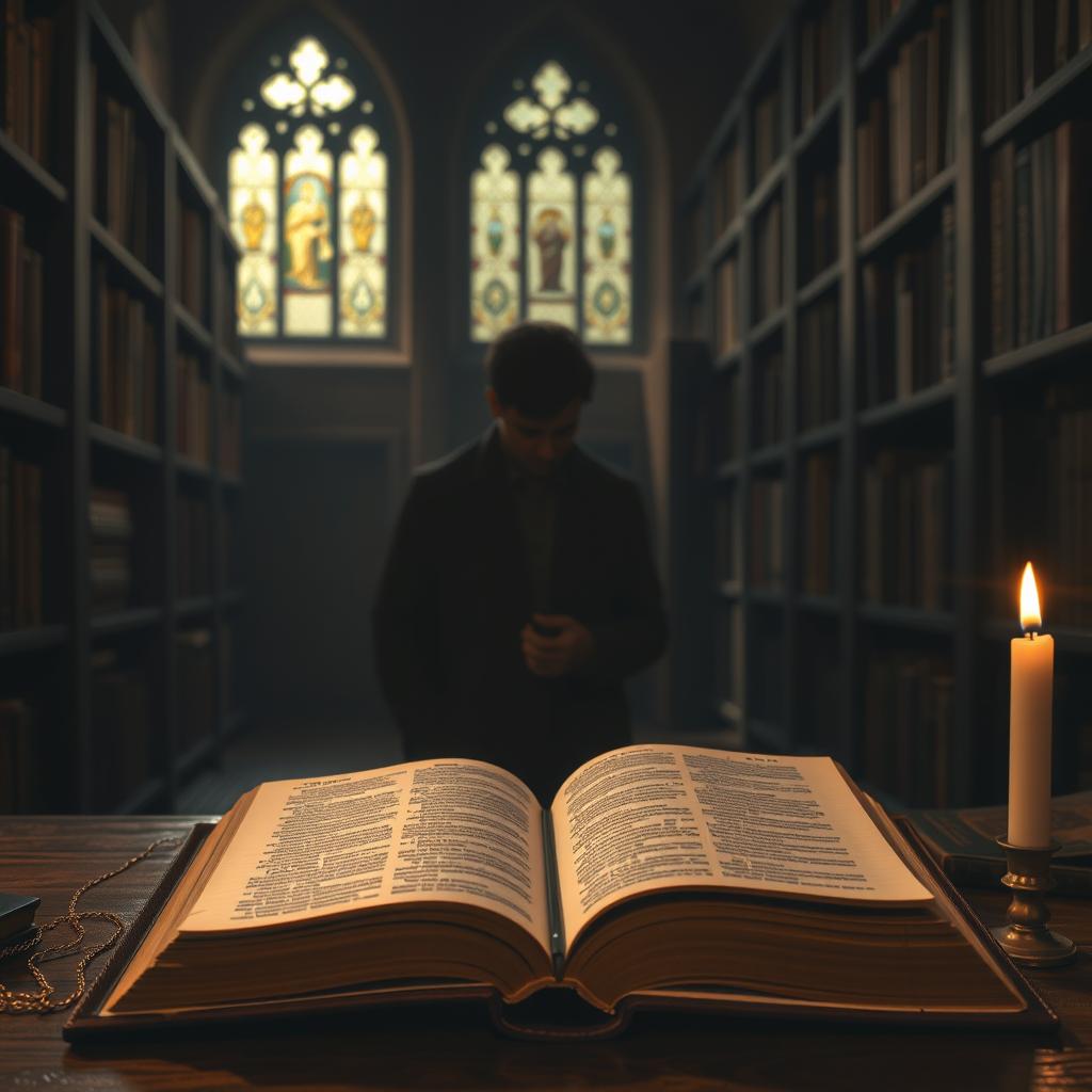 A dimly lit, medieval-style library interior. Bookshelves line the walls, casting soft, warm light across the scene. In the foreground, an open Bible rests on a worn, wooden table, its pages illuminated by a single candle flickering nearby. Intricate, ornate patterns adorn the binding, hinting at the sacred text within. The middle ground features a figure in deep contemplation, their face obscured by shadow, pondering the scriptures. In the background, a stained glass window filters ethereal, muted light, imbuing the space with a sense of reverence and timelessness. The overall mood is one of thoughtful reflection, inviting the viewer to engage with the timeless wisdom of 2 Timothy 3:14-4:2.