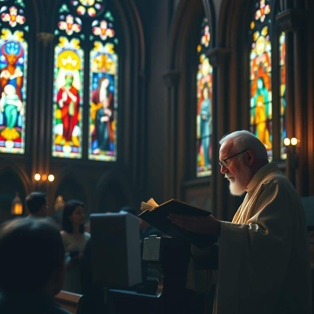 A dimly lit, ornate cathedral interior with stained glass windows casting warm, multicolored light. An elderly priest stands at a lectern, reading from a large, open Bible as he delivers a solemn, reflective sermon. The congregation listens intently, their faces aglow with the sacred illumination. The atmosphere is one of reverence and spiritual contemplation, as the words of the prophet Isaiah resonate through the hallowed space.