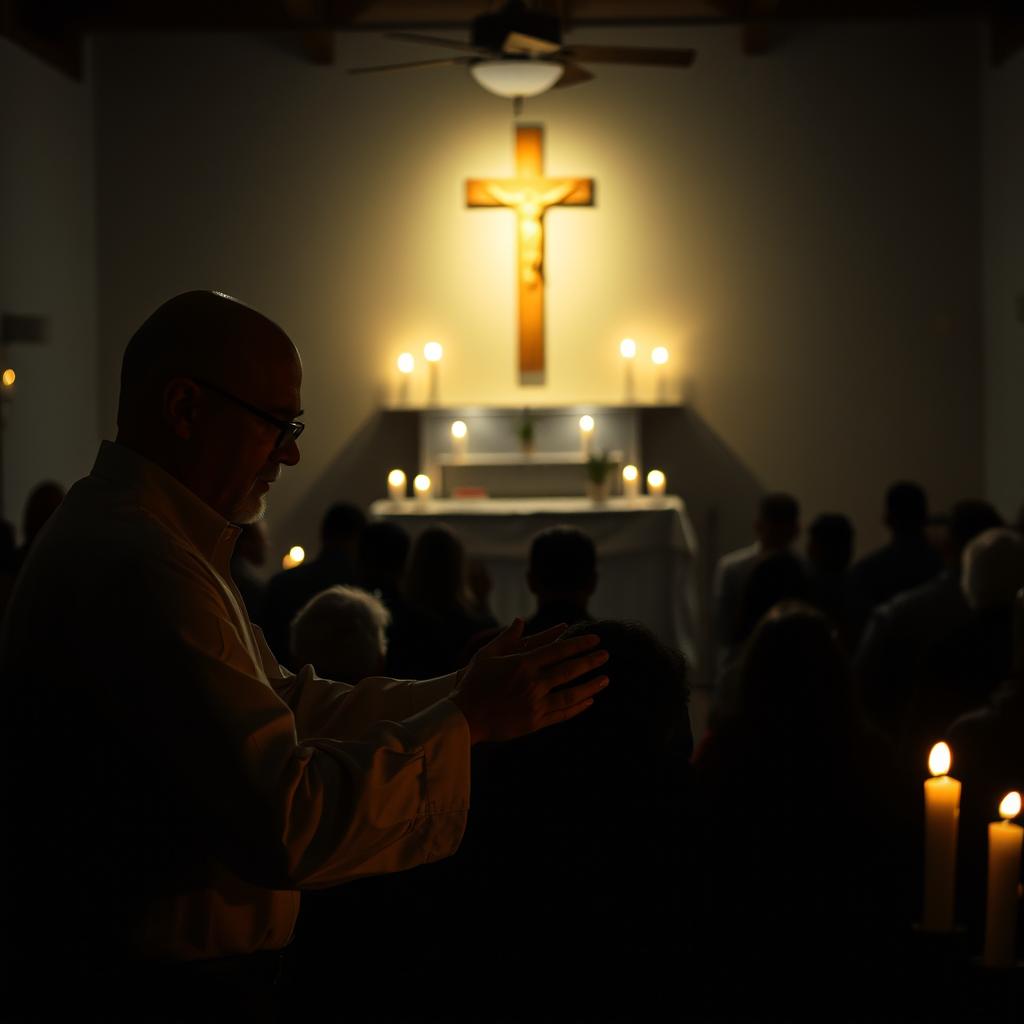 A dimly lit room, illuminated by the warm glow of candlelight, where a faith-based deliverance ministry is in session. In the foreground, a pastor lays hands on a troubled individual, their faces etched with a profound sense of spiritual intensity. The middle ground reveals a small congregation, their heads bowed in prayer, radiating an atmosphere of reverence and hope. The background showcases a simple altar adorned with a cross, symbols of faith and devotion, casting a serene and sacred ambiance over the scene.