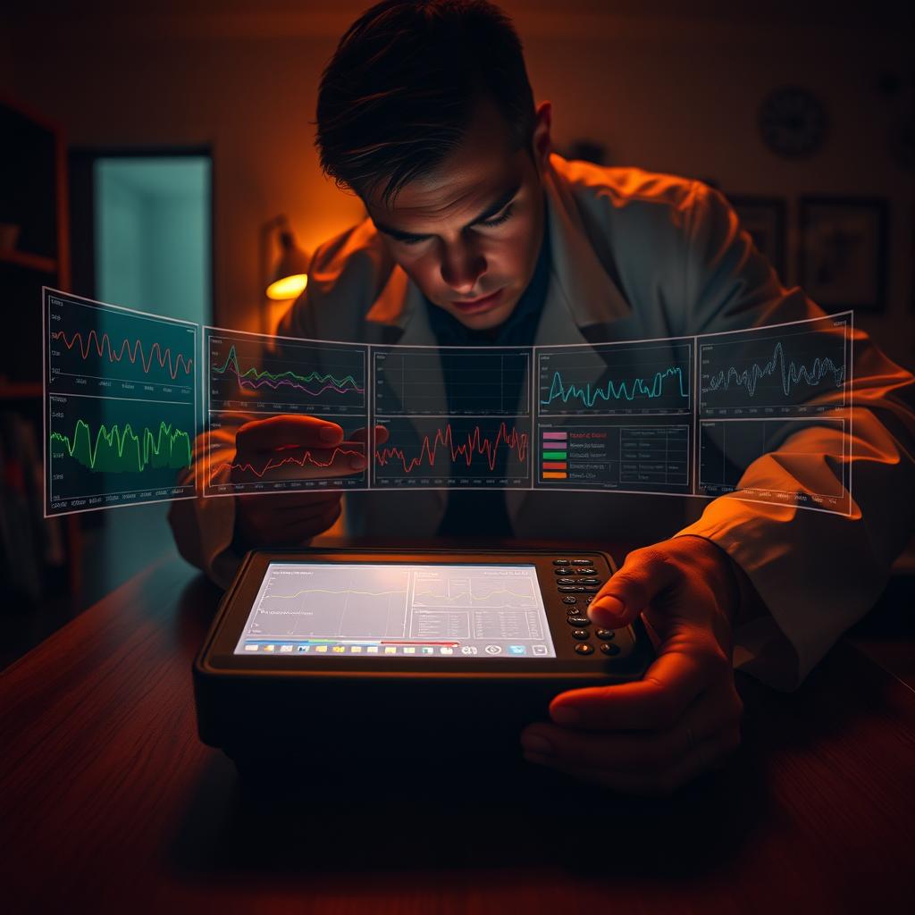 A dimly lit room, the air thick with a sense of unease. In the center, a sleek, high-tech device rests on a wooden table, its display illuminating the space with a soft glow. Surrounding it, a series of colorful line graphs and charts, each one mapping the invisible currents of low-frequency electromagnetic fields that permeate the environment. The device, a state-of-the-art EMF detector, is held in the hands of a person clad in a white lab coat, their brow furrowed in concentration as they study the readouts. The room is bathed in a warm, amber light, casting long shadows and creating a sense of depth and mystery. In the background, the faint outline of household objects can be seen, hinting at the everyday nature of this task, yet the focus remains solely on the device and the data it provides, a vital tool in the quest to understand and mitigate the unseen dangers of low-frequency electromagnetic fields.