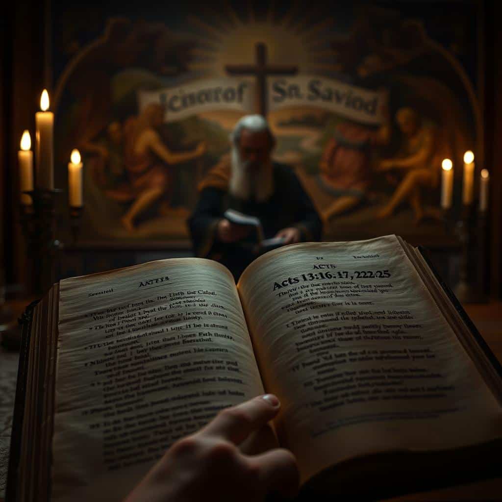 A dimly lit room, the pages of an ancient tome illuminated by the soft glow of candlelight. In the foreground, a hand reverently turns the parchment, revealing the scripture: "Acts 13:16-17, 22-25". The middle ground features a solitary figure, a wise and weathered scholar, absorbed in the sacred text. In the background, a mural of biblical scenes, painted with warm hues and a sense of timeless majesty. The overall atmosphere is one of contemplation and reverence, as the reader prepares to proclaim the Savior foretold and sent.