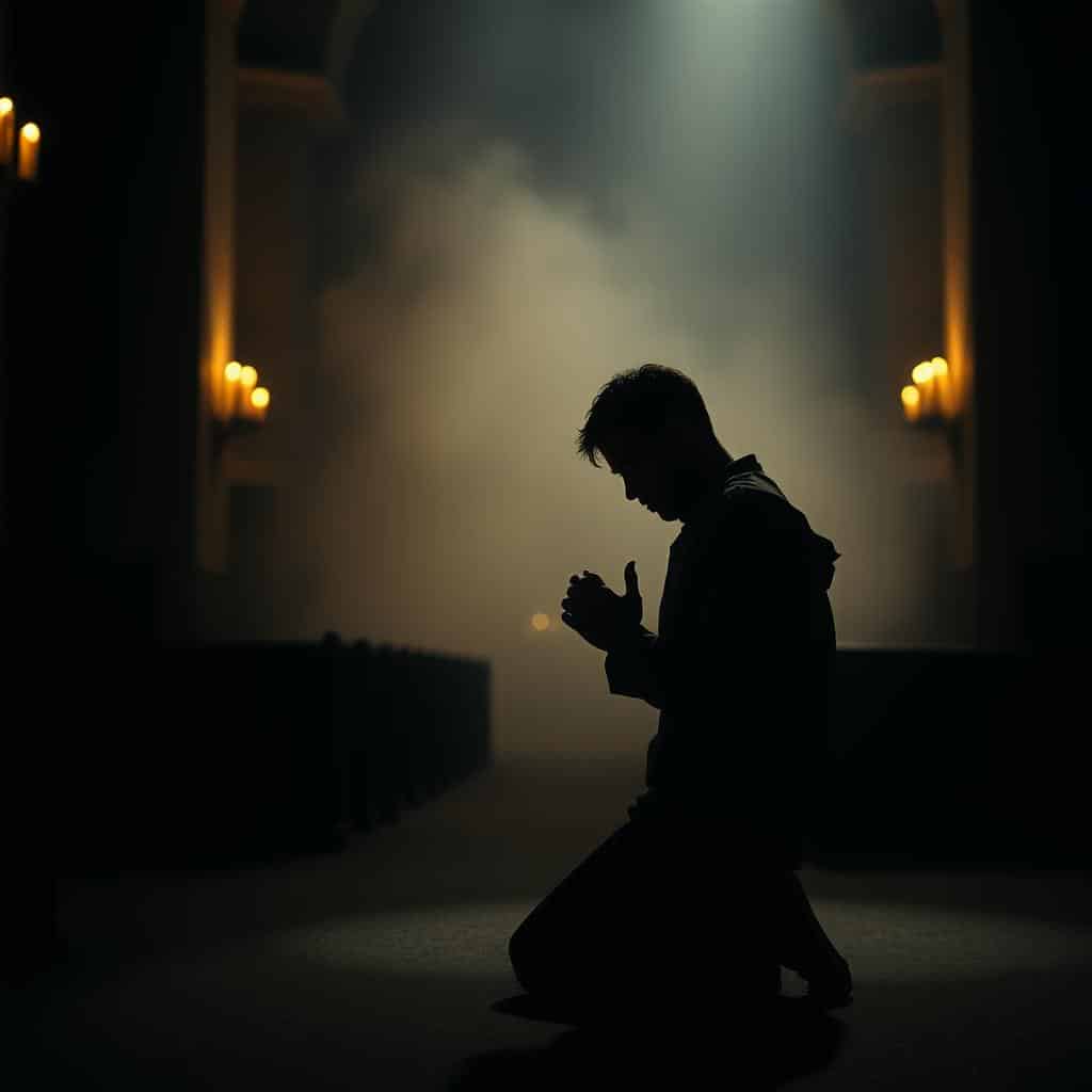 A dimly lit sanctuary, the soft glow of candlelight flickering amidst the shadows. In the foreground, a solitary figure kneels in prayer, hands clasped, face etched with a mixture of reverence and uncertainty. The middle ground is shrouded in a hazy, ethereal mist, representing the ambiguity and unknowns of life. In the background, the architectural details of the church loom, a testament to the enduring presence of faith, even in times of doubt. The overall atmosphere is one of contemplation, a sense of searching for guidance and reassurance in the face of the unknown. Warm, muted tones and a sense of chiaroscuro lighting create a poignant, introspective mood.