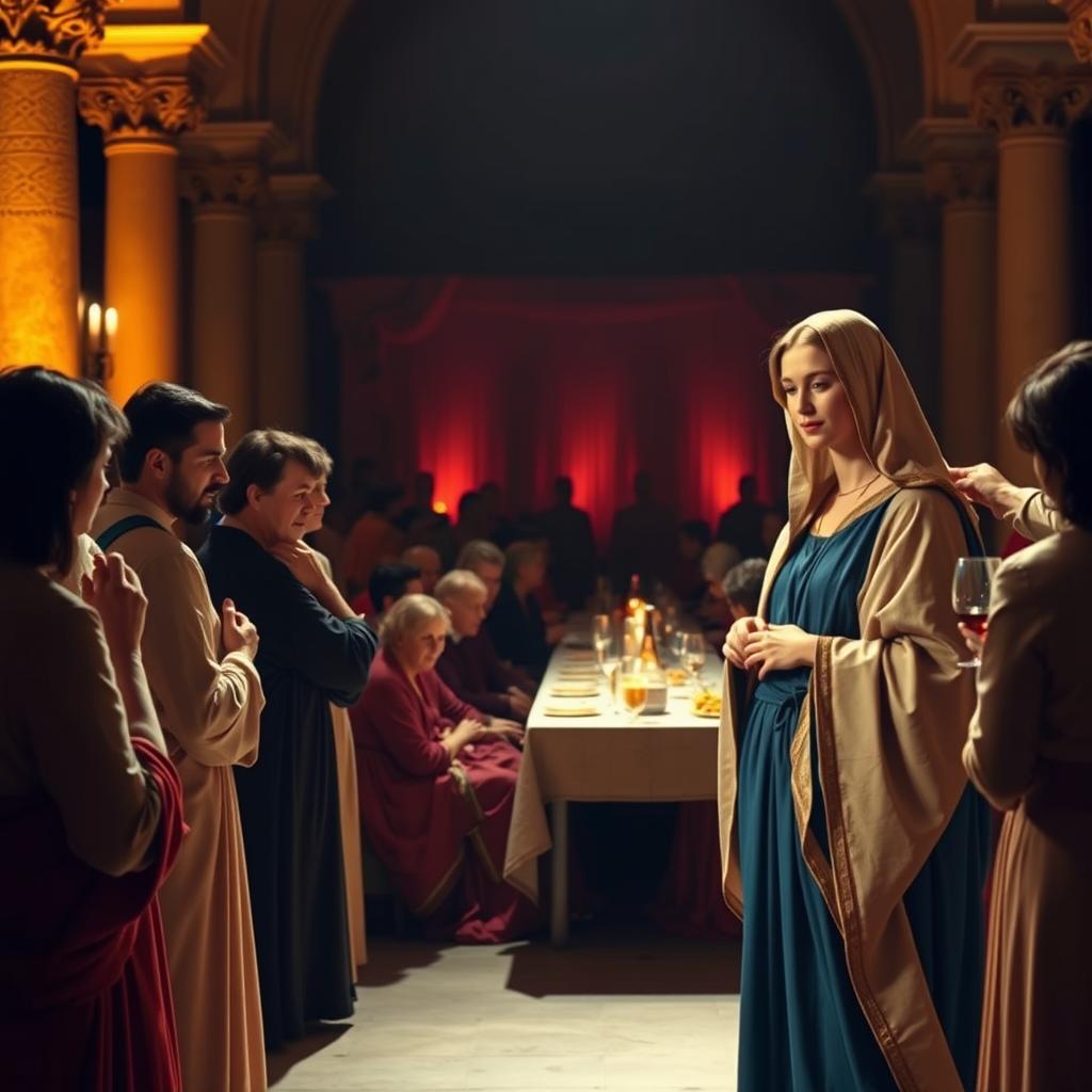 A dimly lit scene at the wedding feast of Cana. In the foreground, a serene Mary stands among the guests, her expression calm and thoughtful. She gestures subtly, guiding the servants as they fill the jars with water that Jesus will transform into fine wine. The middle ground is a bustling tableau, with elegant robed figures seated at a long table, engaged in conversation. Soft, warm lighting casts a rich, golden glow, lending an air of reverence to the moment. In the background, the architectural details of the venue - ornate columns, arches, and draperies - create a sense of grandeur befitting the significance of this event, the beginning of Jesus's public ministry.