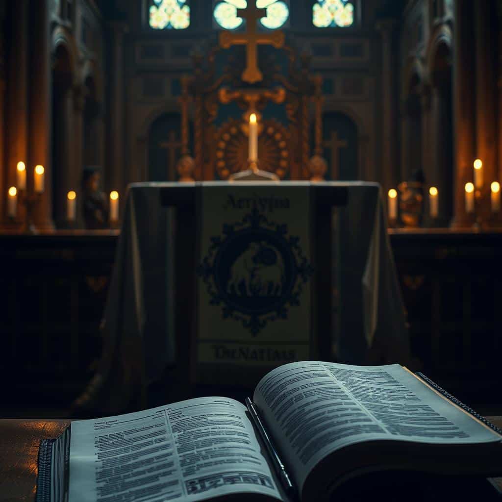 A dimly lit scene of a lectern adorned with a cloth bearing the Nativity insignia, surrounded by ornate liturgical objects. The ambient lighting casts a warm, reverent glow, creating an atmosphere of solemn contemplation. In the foreground, a leather-bound Bible lies open, its pages illuminated by the soft, diffused light. The composition is framed by the architectural details of an ancient church, hinting at the sacred setting of the Christmas Mass at Dawn. The overall mood is one of reverence, mysticism, and the profound significance of the Scripture readings on this holy day.