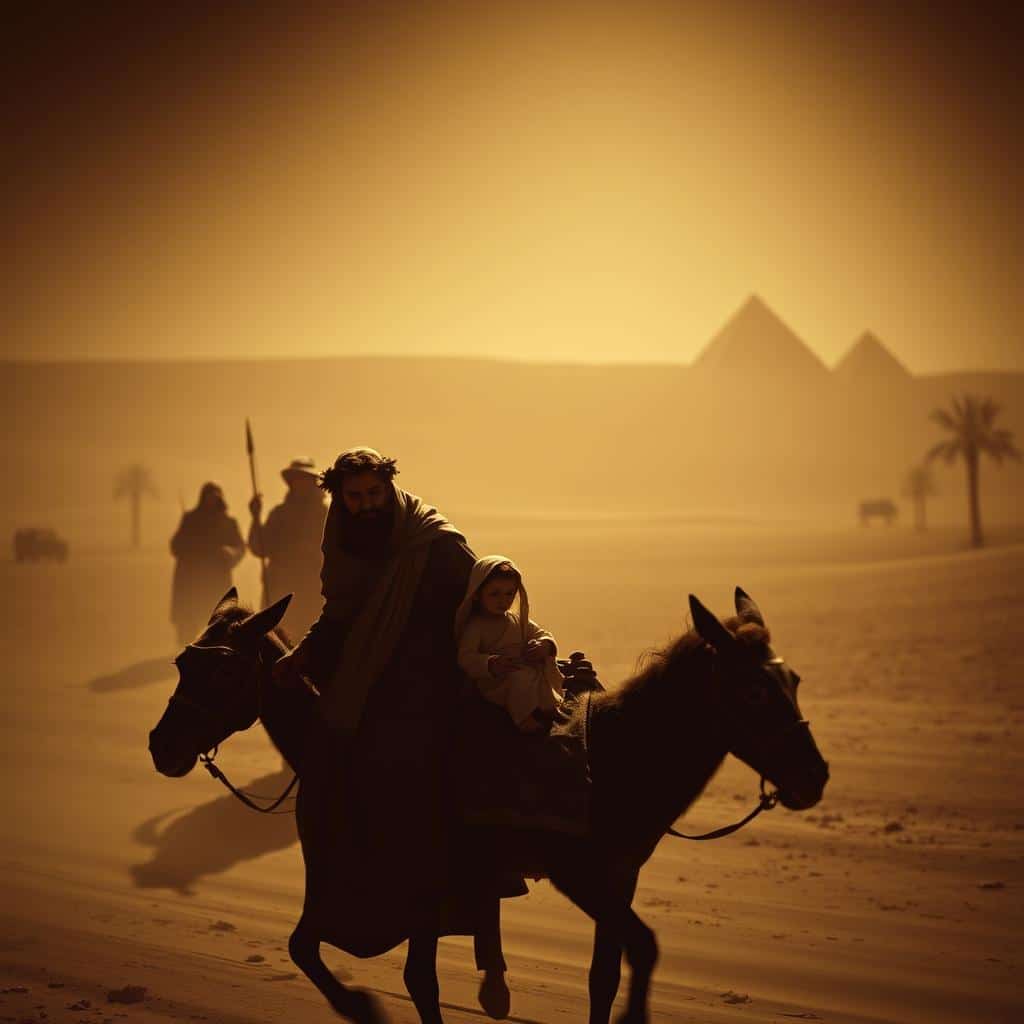 A dimly lit, sepia-toned scene of the Flight to Egypt. In the foreground, the Holy Family - Joseph, Mary, and the infant Jesus - flee on a donkey, their faces etched with concern and resolve. Shadowy figures loom in the middle ground, hinting at the danger that pursues them. The background is a vast, dusty landscape, dotted with palm trees and the distant silhouettes of ancient Egyptian architecture. Harsh, directional lighting casts dramatic shadows, heightening the sense of urgency and peril. The overall mood is one of apprehension and hardship, reflecting the trials faced by the Holy Family as they seek refuge in a foreign land.