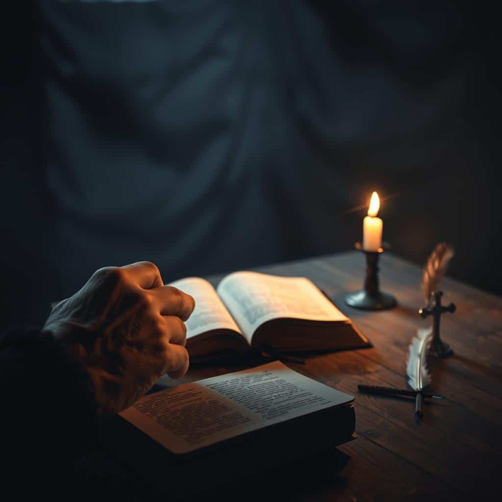 A dimly lit, softly focused scene depicting the biblical passage from 2 Timothy. In the foreground, a weathered, aged hand grasps a well-worn book, casting a warm, golden glow. In the middle ground, a worn wooden table, its surface scattered with symbols of faith - a cross, a flickering candle, and a single feather quill. The background is hazy, ethereal, suggesting a sense of timelessness and spiritual contemplation. The lighting is soft and chiaroscuro, creating a reverent, contemplative atmosphere. The overall composition evokes a sense of the enduring power of faith, as described in 2 Timothy.