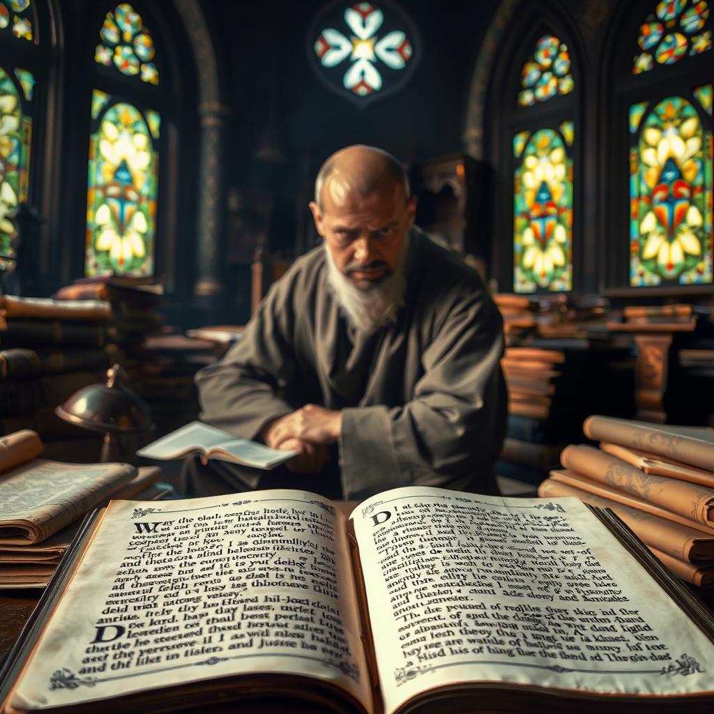A dimly lit study, a monk sits hunched over an ancient tome, deep in contemplation. Muted light filters through stained glass windows, casting a reverent glow on the scene. Piles of scrolls and books surround him, the room rich in history and devotion. In the foreground, an open page reveals intricate calligraphy - the words of Sirach 35:12-14, 16-18, a solemn meditation on the Lord's justice and mercy. The monk's expression is one of intense focus, as if the scripture has transported him to a higher plane of understanding. The atmosphere is one of quiet contemplation, inviting the viewer to pause and reflect on the timeless wisdom of these sacred verses.