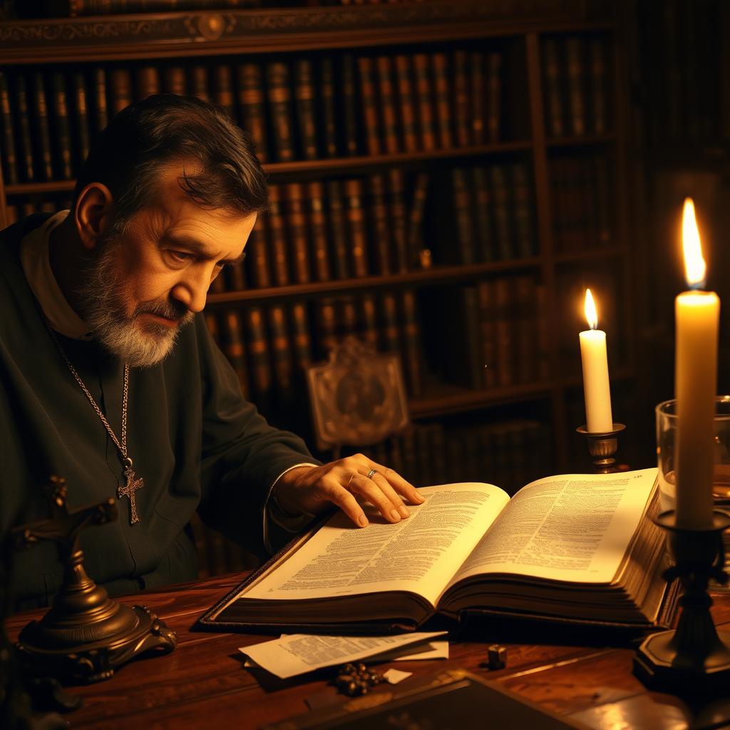 A dimly lit study with warm, candlelit ambiance. In the foreground, a devout Catholic scholar intently poring over ancient scripture, a look of deep contemplation etched on their face. The middle ground features a wooden table adorned with religious iconography, a crucifix, and a weathered Bible. In the background, a bookshelf filled with leather-bound volumes casts long shadows, creating a sense of timelessness. The lighting is soft and reverent, casting a golden glow that enhances the contemplative mood. Subtle dust motes drift through the air, adding to the hallowed atmosphere.
