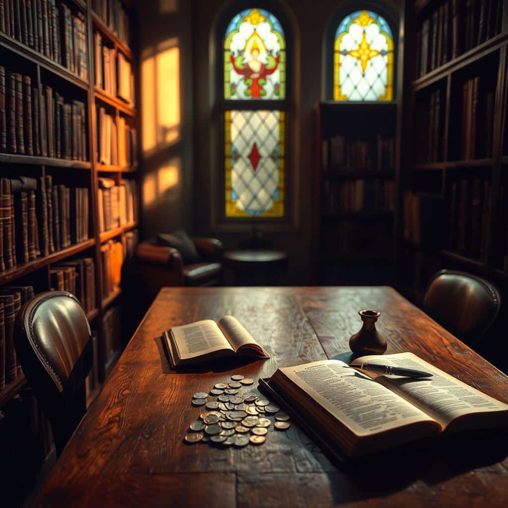 A dimly lit study with worn leather-bound books lining the shelves, a sturdy oak desk in the center. On the desk, an open Bible and scattered coins, a quill, and an inkwell. Soft, warm lighting casts a gentle glow, creating an atmosphere of contemplation and thoughtfulness. In the background, a faint impression of a stained-glass window, casting colored shadows across the scene. The overall impression is one of quiet wisdom and the principled pursuit of honest earnings, in line with biblical teachings.