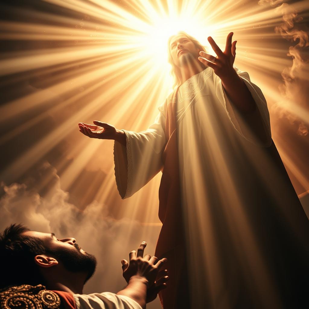 A divine figure in resplendent robes, their face radiant with celestial light, extends a hand of salvation towards a person in the throes of anguish. Dramatic shadows and beams of heavenly illumination suffuse the scene, creating a reverent, awe-inspiring atmosphere. The background is a swirling, ethereal realm, hinting at the transcendent power of this moment of deliverance. Captured through the lens of a wide-angle, the composition draws the viewer into this sacred, transformative encounter, evoking a sense of profound spiritual redemption.