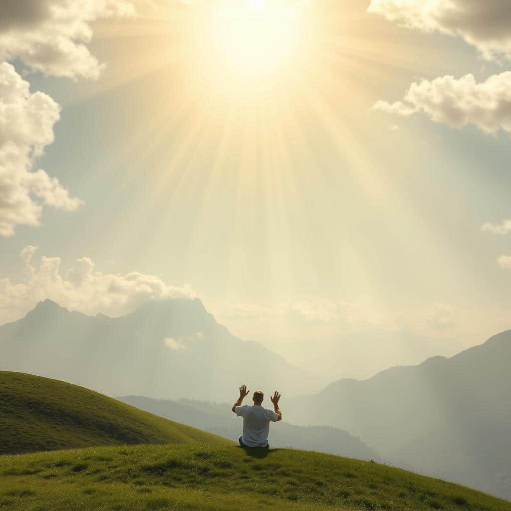 A divine shield of luminous energy radiates from a celestial realm, casting a warm, protective glow over a tranquil pastoral scene. Rays of heavenly light filter through wispy clouds, illuminating a grassy knoll where a lone figure kneels in reverence, hands raised in adoration. Towering mountains rise in the distance, their peaks shrouded in a hazy, ethereal mist. The overall atmosphere exudes a sense of serenity, security, and unwavering divine safeguarding.