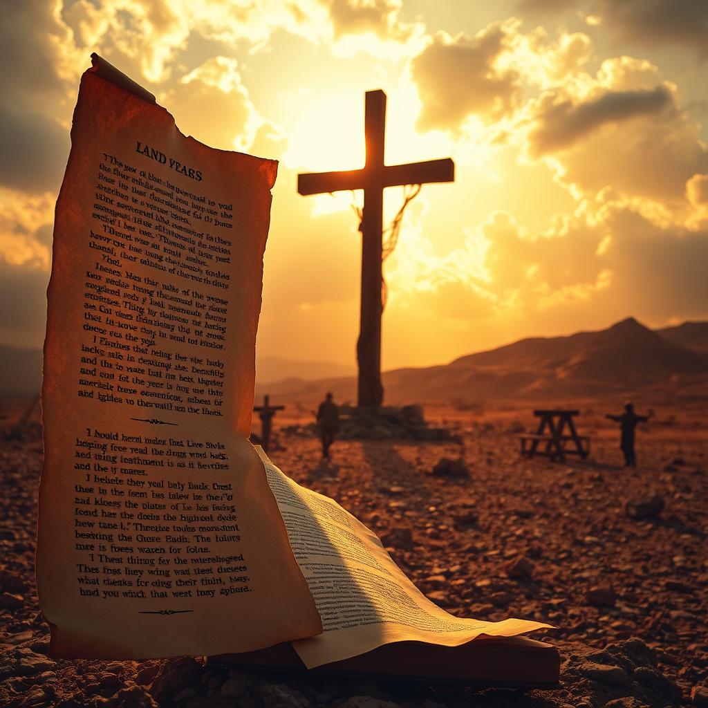 A dramatic, apocalyptic landscape bathed in warm, golden light. In the foreground, ancient parchment pages flutter, inscribed with cryptic biblical verses foretelling the end times. In the middle ground, a towering, weathered cross stands as a symbol of faith and salvation, casting long shadows across the arid, desolate terrain. In the background, ominous clouds gather, hinting at impending doom and divine judgment. The atmosphere is one of reverence, foreboding, and a sense of the profound mysteries of the universe.