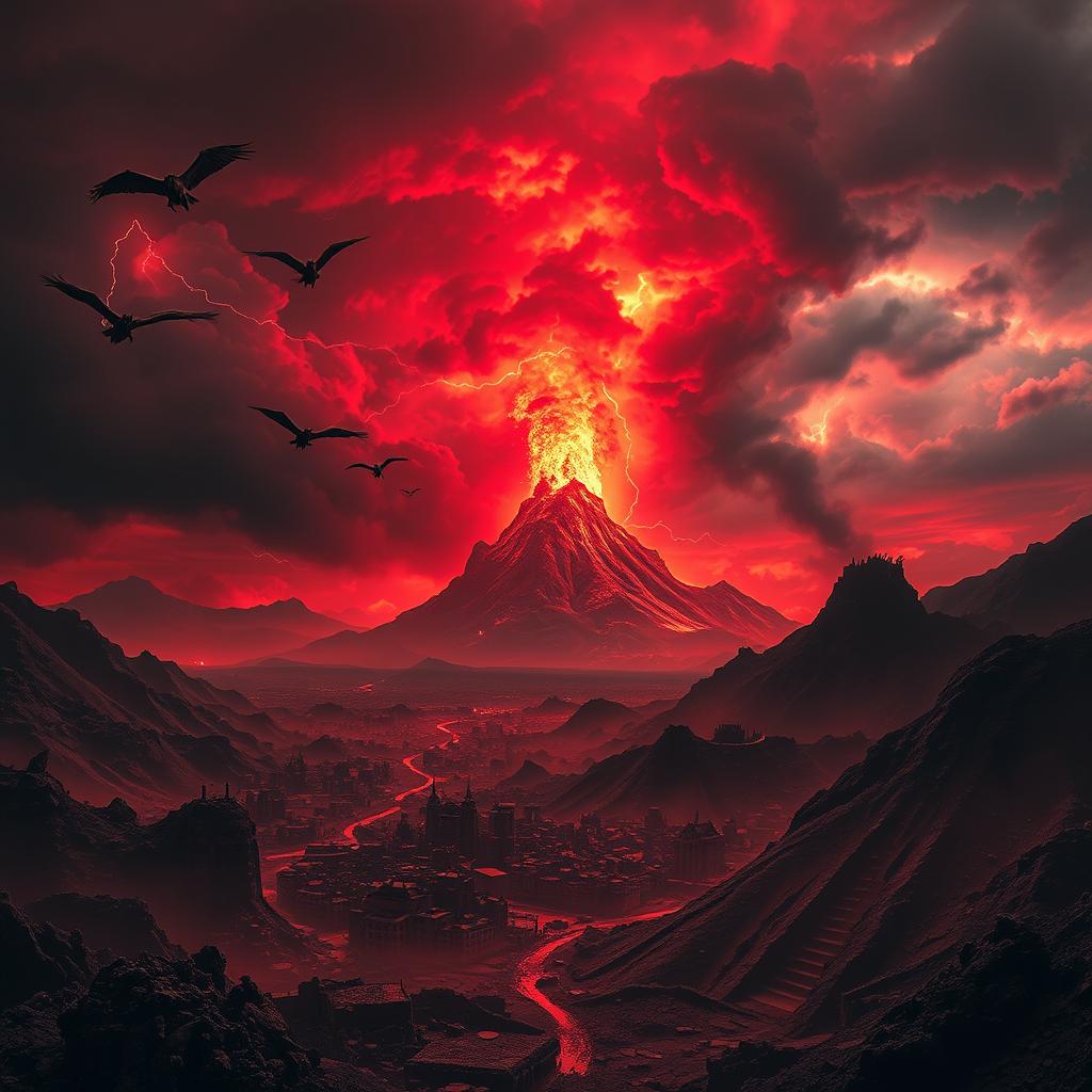 A dramatic, apocalyptic landscape of the Book of Revelation, bathed in an eerie, crimson glow. In the foreground, a fallen, crumbling city with ominous, winged creatures circling overhead. In the middle ground, a roiling, stormy sky with flashes of lightning and ominous clouds. In the background, a towering, fiery mountain or volcano erupting, spewing plumes of dark smoke. The scene conveys a sense of impending doom, chaos, and the end of the world as we know it. Cinematic lighting and a sense of scale and grandeur, as if captured through a wide-angle lens.