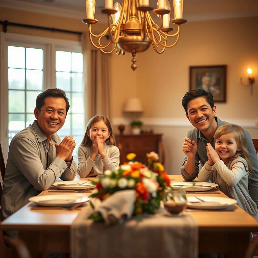 A family of four seated at a dinner table, bathed in warm, golden light from a chandelier overhead. The parents and their two young children are smiling brightly, hands clasped together in a gesture of gratitude. The tabletop is adorned with a simple, yet elegant floral centerpiece, and the room is filled with a sense of togetherness and appreciation. The scene evokes a feeling of heartwarming, lighthearted moments that inspire us to cultivate gratitude in our everyday lives.