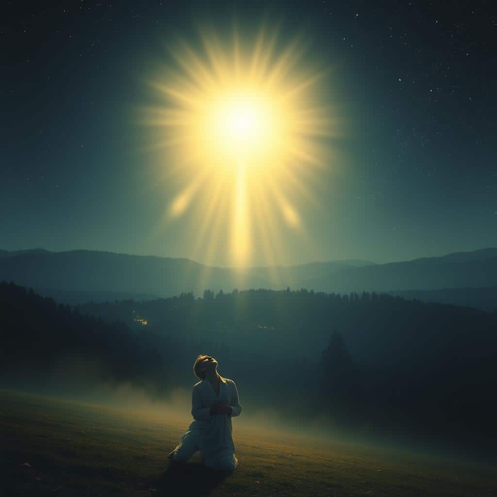 A glowing celestial figure, radiating divine grace, appears amidst a serene, moonlit landscape. Soft, ethereal light bathes the scene, casting a reverent and tranquil atmosphere. In the foreground, a solitary figure kneels in awe, their face upturned in a expression of wonder and humility. The middle ground features a distant, idyllic village, its buildings and trees silhouetted against the night sky. In the background, a majestic, starry expanse fills the horizon, hinting at the boundless grace and love of the heavenly realm. Capture this moment of spiritual awakening and the profound transformation that grace can bring to the human experience.