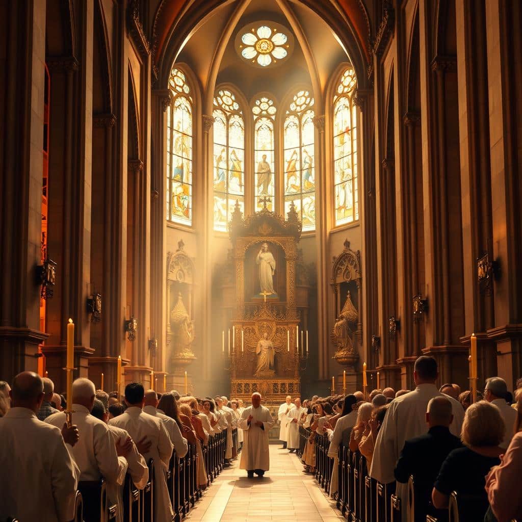 A grand Catholic liturgy unfolding within a majestic cathedral, bathed in warm, golden light streaming through ornate stained-glass windows. In the foreground, a procession of robed clergy moves solemnly down the aisle, carrying candles and incense. The middle ground reveals rows of worshippers seated in pews, their faces reflecting a sense of reverence and contemplation. In the background, the ornate altar stands tall, adorned with intricate carvings and religious iconography, creating an atmosphere of sacred ritual and divine presence.