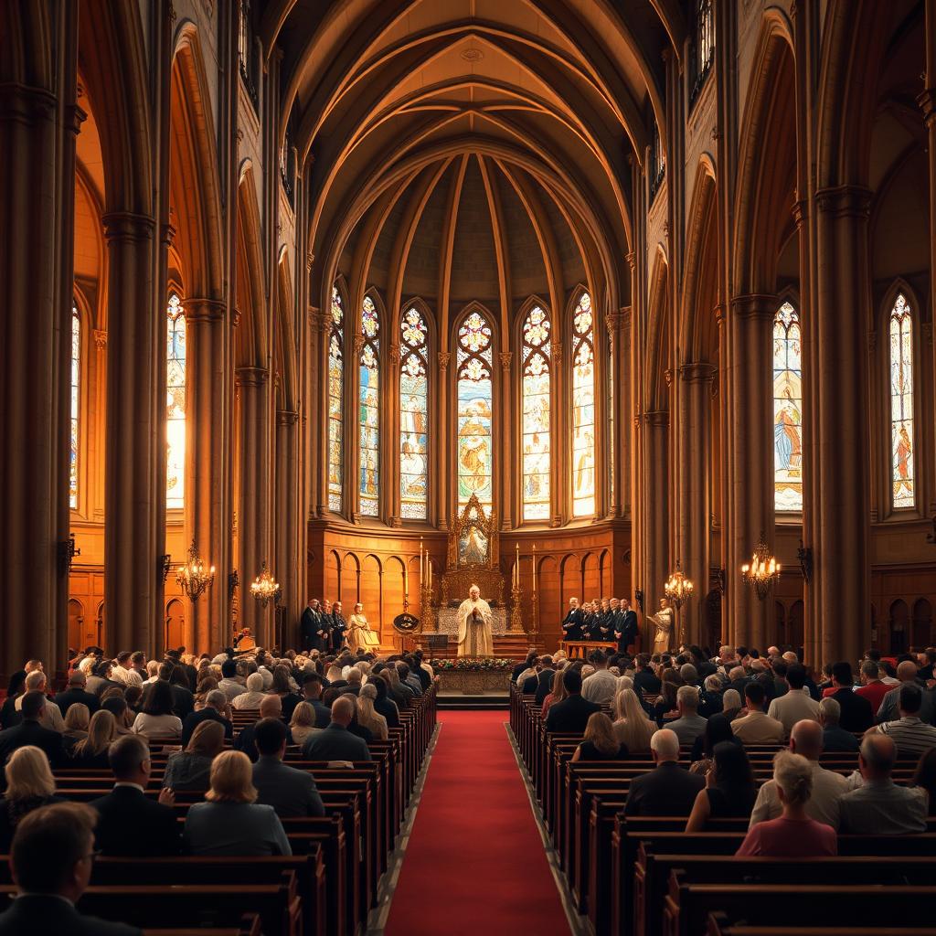 A grand cathedral interior, bathed in warm, golden light streaming through stained glass windows. Rows of wooden pews fill the spacious nave, occupied by a congregation of worshippers engaged in solemn, reverent prayer. At the altar, a priest in ornate liturgical robes leads the service, flanked by acolytes carrying candles and a choir singing in harmonious chorus. The atmosphere is one of profound spirituality and timeless tradition, capturing the essence of liturgical celebrations in American parishes.