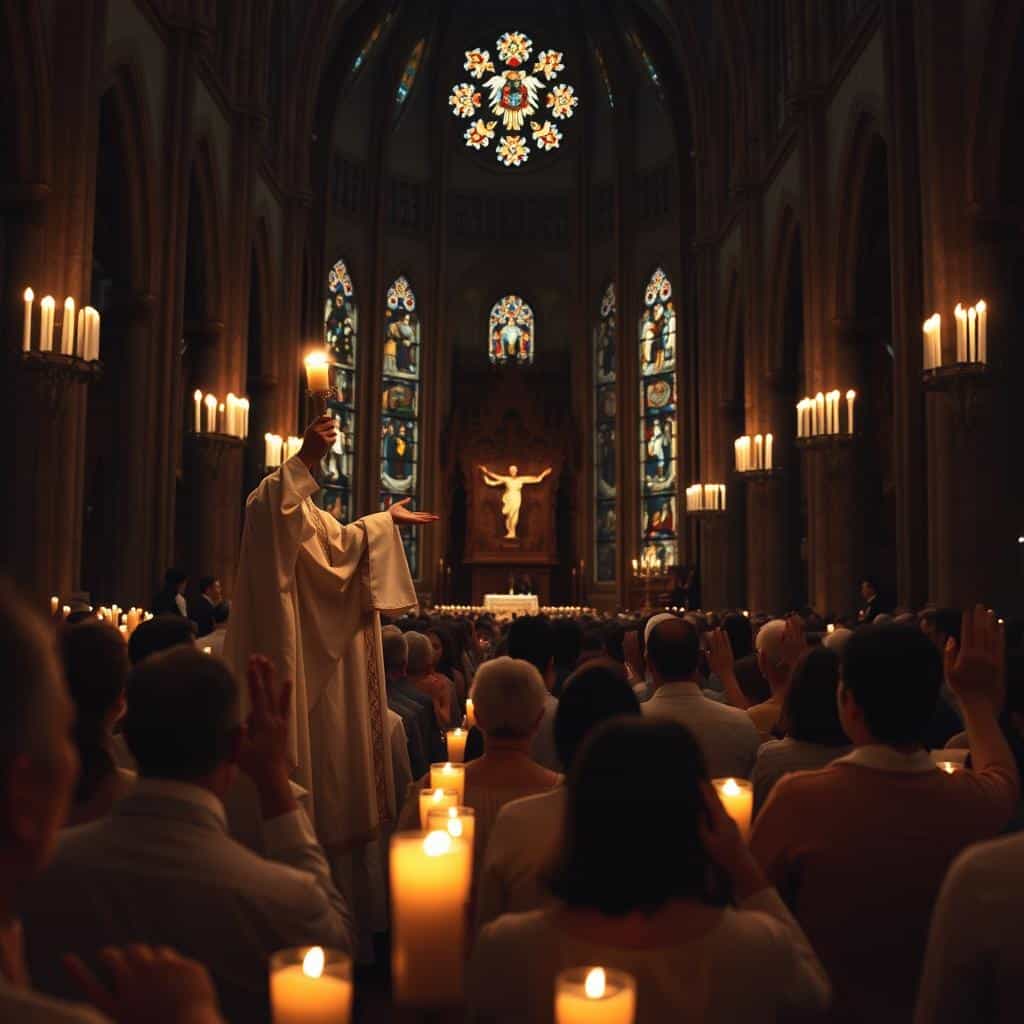 A grand cathedral interior, dimly lit by the glow of flickering candles. In the foreground, a priest elevates the Eucharist during the consecration, his robes flowing gracefully. Worshippers kneel in reverence, their faces illuminated by the sacred light. In the middle ground, the congregation raises their hands in supplication, their expressions conveying a profound sense of faith and devotion. The high, vaulted ceilings and stained glass windows of the sanctuary create an atmosphere of transcendent beauty, a visual representation of the interplay between faith and works in Catholic liturgy.