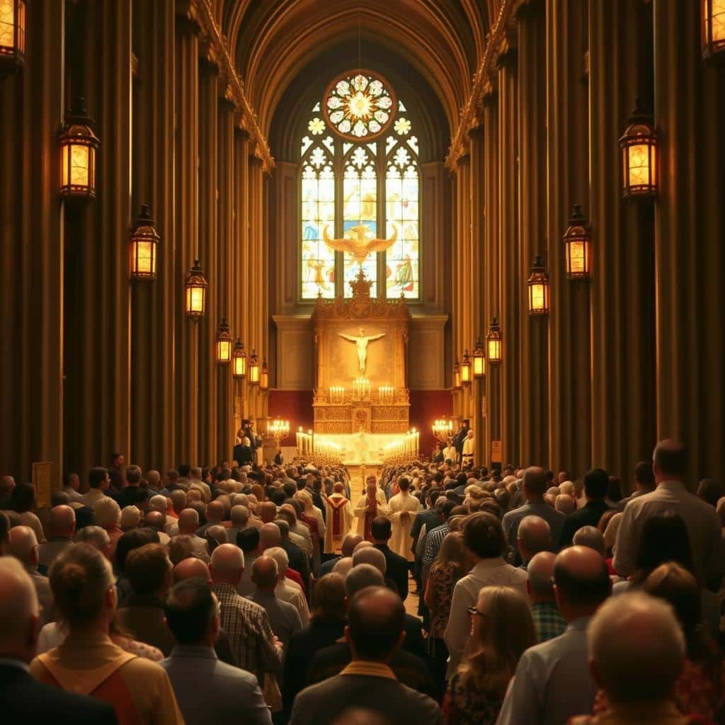 A grand feast of faith unfolds, as a bustling cathedral fills with the faithful. In the foreground, worshippers kneel in solemn prayer, their faces aglow with reverence. In the middle ground, a procession of acolytes and clergy move with purpose, their vestments billowing in the soft light. The stained-glass windows cast a warm, golden hue, illuminating the space and drawing the eye upwards towards the ornate altar, the centerpiece of this sacred celebration. The atmosphere is one of profound spirituality, as the congregation lifts their voices in joyful hymns, their hearts united in the feast of Christ the King.