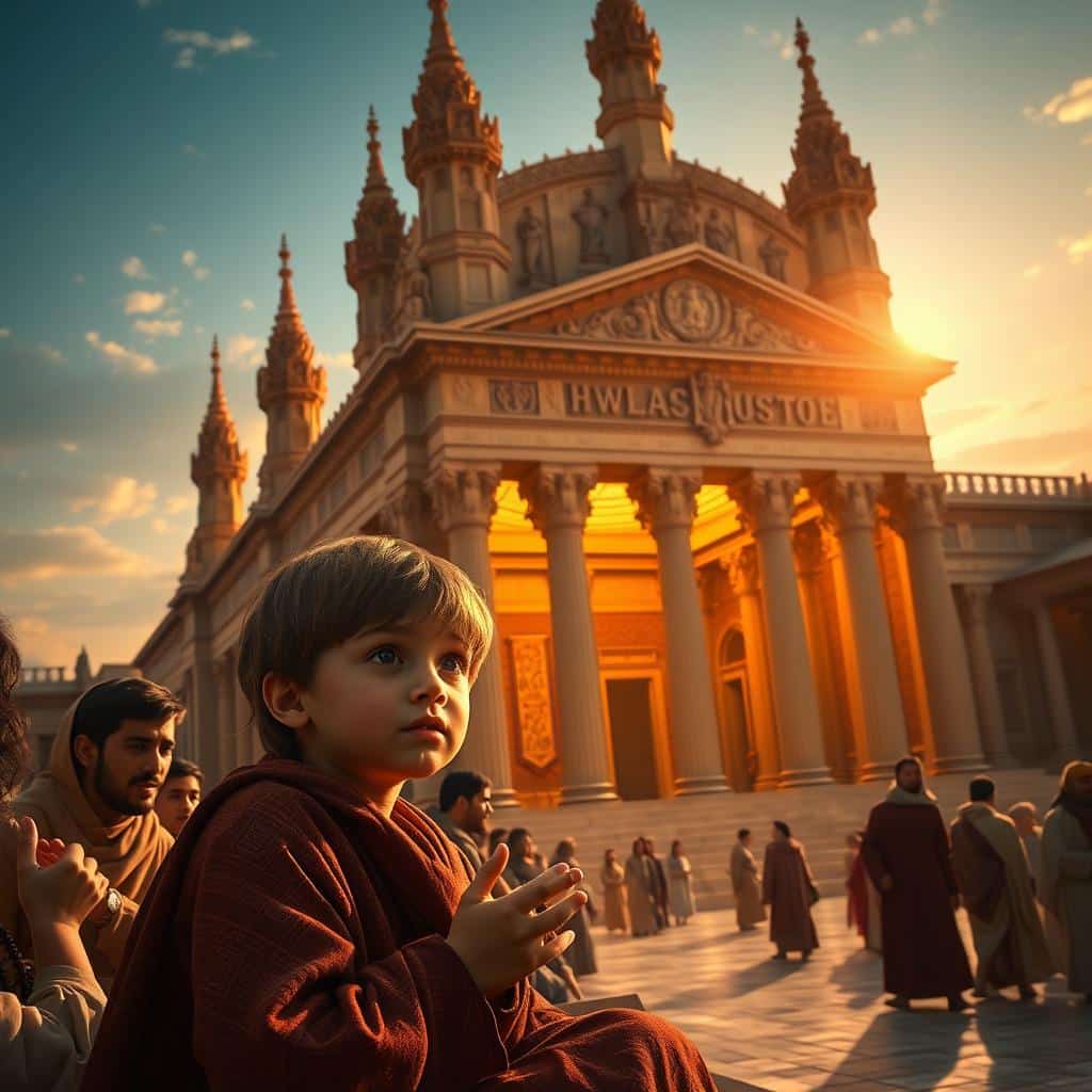 A grand, ornate temple set against a radiant evening sky, its towering spires and intricate carvings bathed in warm, golden light. The foreground features a young boy, Jesus, sitting amidst a crowd of scholars, his face alight with curiosity as he listens intently, hands gesturing in deep contemplation. The middle ground reveals the grandeur of the temple's interior, with ornate columns, tapestries, and a sense of sacred reverence. The background showcases the expansive courtyard, where the faithful gather, their robes and movements creating a sense of timeless, devotional atmosphere. The scene conveys a sense of wonder, wisdom, and the boy's dawning understanding of his true place in the Father's house.