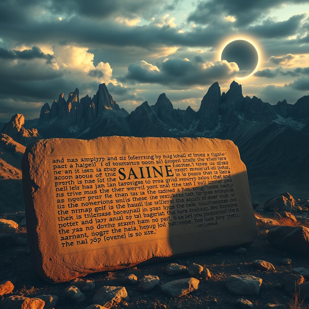 A grand panoramic scene of "Daniel's Prophecies" unfolding against a moody, dramatic sky. In the foreground, a massive stone tablet etched with ancient Hebrew script dominates the composition, casting long shadows across the rugged terrain. Towering mountains rise in the middle ground, their jagged peaks piercing the clouds. In the background, an ominous celestial event - perhaps a comet or eclipse - casts an eerie glow, hinting at the foretold end times. The lighting is a mix of warm, golden tones and deep, ominous shadows, creating an atmosphere of both reverence and foreboding. The overall composition conveys the weighty significance and ominous nature of Daniel's visions of the future.