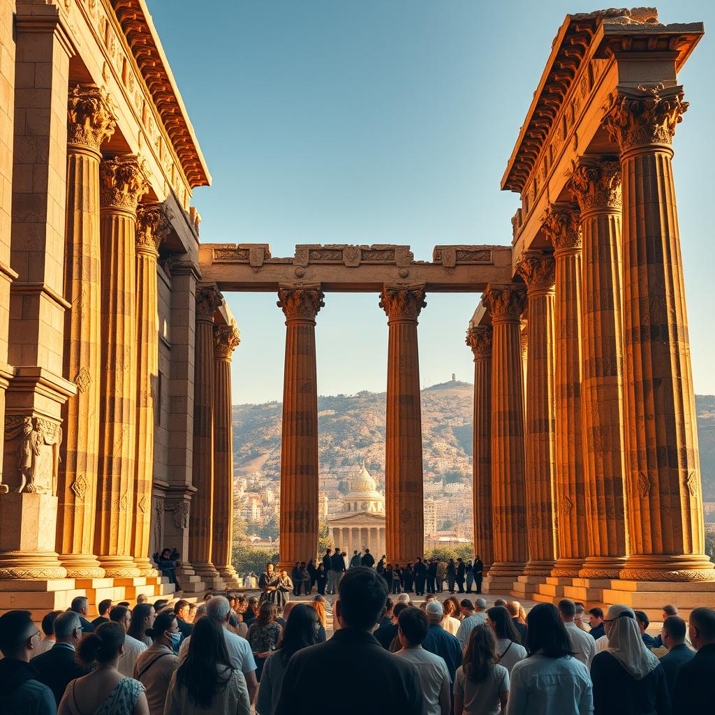 A grand temple with intricate stone carvings and towering columns stands majestically, bathed in warm, golden light. The foreground features a group of people gathered, marveling at the splendor of the structure. In the middle ground, a sense of reverence and contemplation permeates the scene, as individuals gaze upwards in awe. The background reveals a cityscape with distant hills, creating a harmonious blend of the spiritual and the earthly. This image evokes the sense of wonder and reverence inspired by the passage from the Gospel of Luke, where Jesus speaks of the impressive temple and the changes to come.