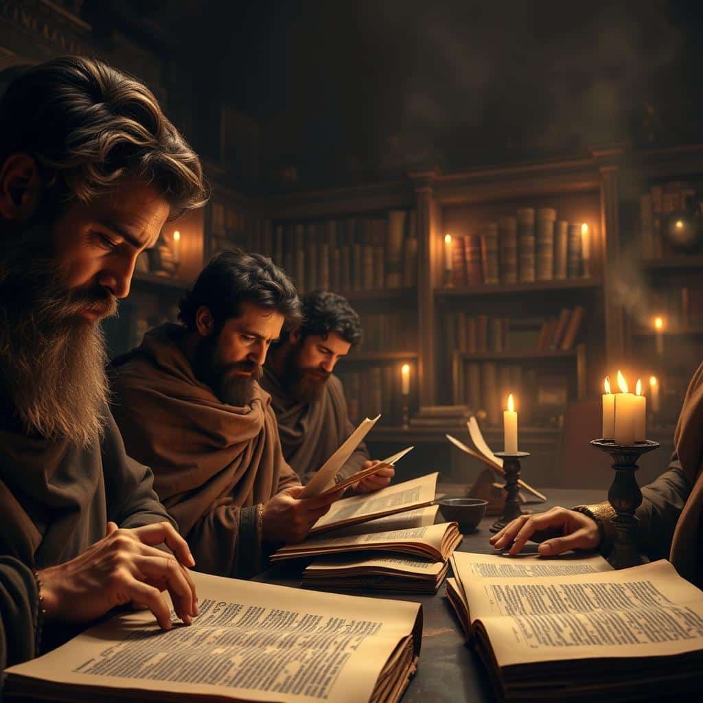 A group of ancient Roman scholars intently reading from parchment scrolls in a dimly lit study, illuminated by warm candlelight. The foreground depicts the readers, their faces etched in deep concentration, fingers tracing the text. In the middle ground, ornate bookshelves line the walls, filled with tomes and artifacts. The background is shrouded in a soft, sepia-toned haze, creating a sense of timeless reverence. The scene evokes a reverent atmosphere of intellectual pursuit and the preservation of knowledge from the era of the Roman Empire.