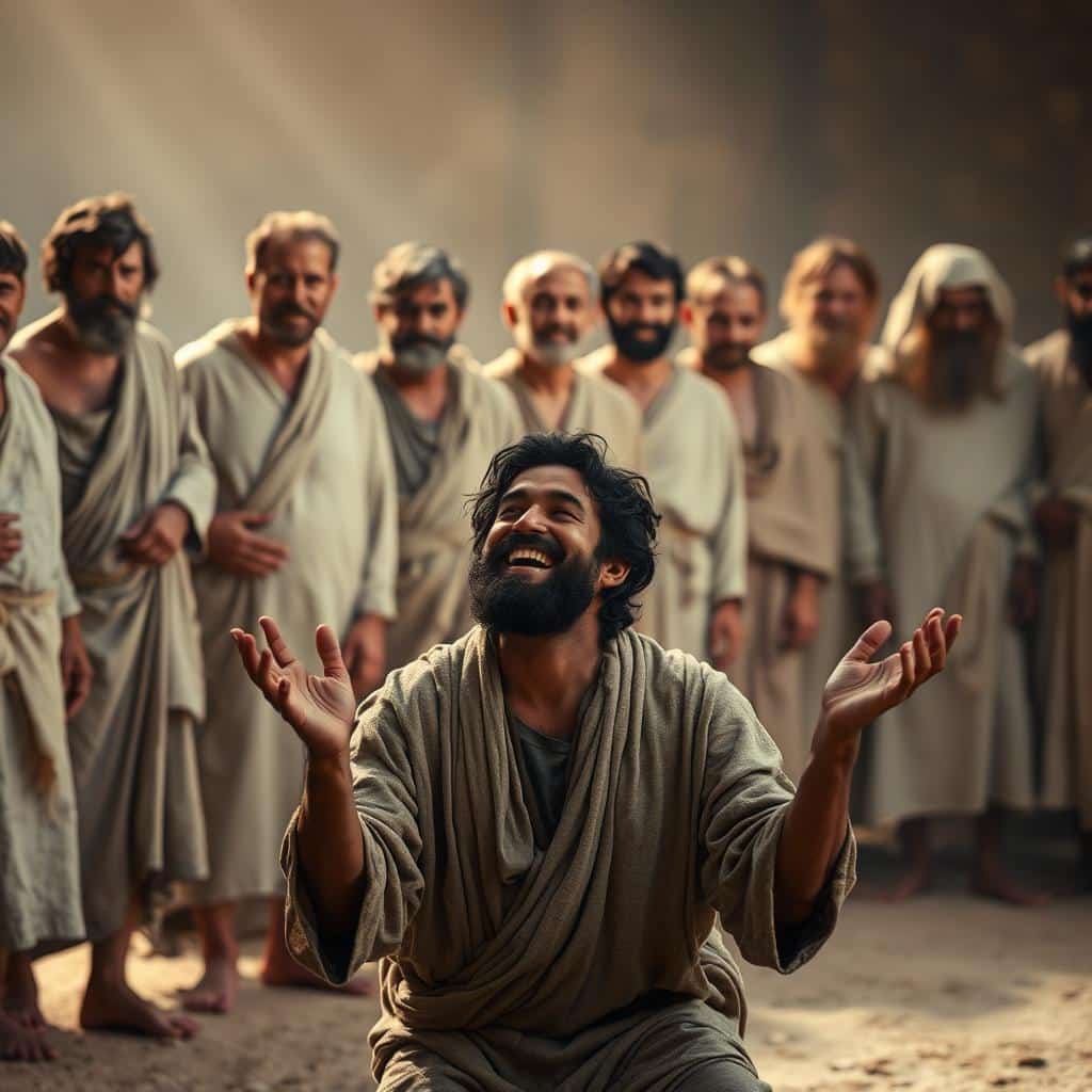 A group of ten men, dressed in tattered robes, stand apart from the crowds, their bodies ravaged by the disfiguring effects of leprosy. Their faces reflect a mixture of hopelessness and despair, yet a glimmer of faith remains. In the foreground, one man kneels, his hands raised in a gesture of gratitude, his expression radiating joy and relief. Soft, warm light filters through the scene, casting a glow of hope and healing. The background is hazy, emphasizing the central focus on the lepers and the transformative power of their encounter with Jesus. Captured with a cinematic, medium-wide angle lens, the image conveys the weight of their story and the profound impact of a single, thankful heart.