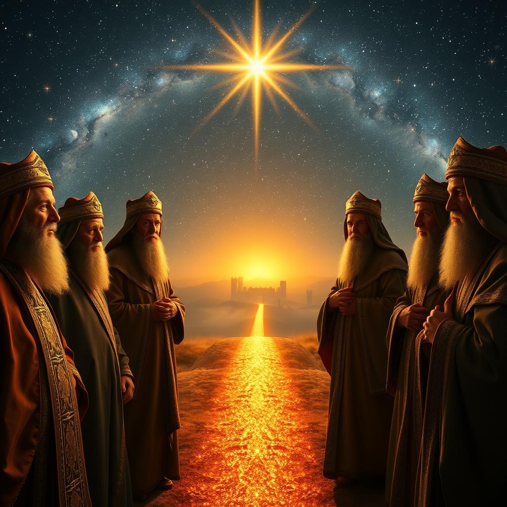 A group of wise men, clad in ornate robes and headdresses, stand before a majestic, star-filled night sky. Their faces are illuminated by a warm, golden light, reflecting their deep wisdom and contemplation. In the middle ground, a shimmering, ethereal path leads towards a distant, glowing horizon, symbolizing the journey of faith and enlightenment. The background is a serene, misty landscape, dotted with ancient, towering structures, hinting at the timeless and profound nature of the scene. Captured with a cinematic, wide-angle lens, the composition invites the viewer to feel the weight and significance of the moment, as these wise men bear witness to the Epiphany of the Lord. A group of wise men, clad in ornate robes and headdresses, stand before a majestic, star-filled night sky. Their faces are illuminated by a warm, golden light, reflecting their deep wisdom and contemplation. In the middle ground, a shimmering, ethereal path leads towards a distant, glowing horizon, symbolizing the journey of faith and enlightenment. The background is a serene, misty landscape, dotted with ancient, towering structures, hinting at the timeless and profound nature of the scene. Captured with a cinematic, wide-angle lens, the composition invites the viewer to feel the weight and significance of the moment, as these wise men bear witness to the Epiphany of the Lord.