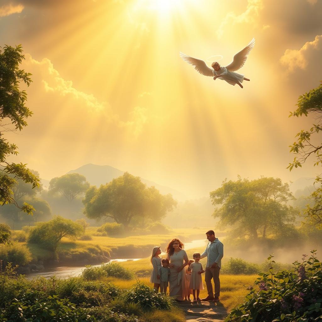 A heavenly scene of divine blessings for the future. In the foreground, a beam of golden light cascades down from a radiant sky, illuminating a serene landscape. Lush, verdant foliage and gently flowing streams create a tranquil ambiance. In the middle ground, a family gathers under the light, their faces alight with hope and gratitude. Angelic figures hover above, their wings outstretched in a gesture of protection and abundance. The background fades into a soft, ethereal mist, suggesting the boundless possibilities of the future blessed by the divine. Warm, natural lighting casts a reverent glow over the entire scene, conveying a sense of peace, joy, and unwavering faith.