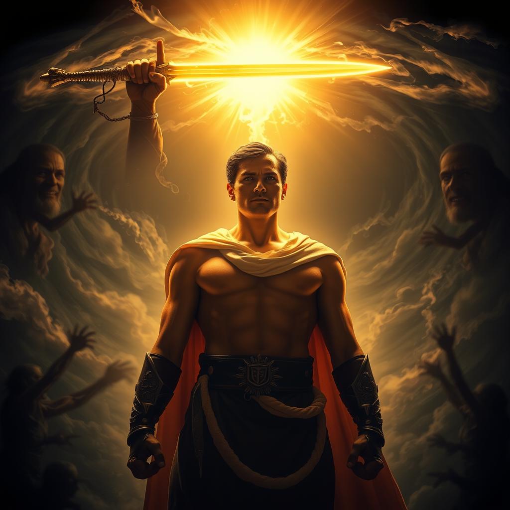 A heroic figure stands tall, their countenance radiating determination and strength. They are bathed in warm, golden light, their features accentuated by dramatic shadows, conveying a sense of inner resolve. In the background, a dark, swirling vortex of sinister forces threatens to engulf them, but the figure remains steadfast, raising a glowing sword or shield to ward off the encroaching evil. The scene evokes a sense of spiritual warfare, a battle for the soul, where the protagonist must overcome the temptations and influences of the unseen realm. The composition is balanced, with the figure occupying the central focus, surrounded by a dynamic, ominous backdrop that heightens the drama and intensity of the moment.