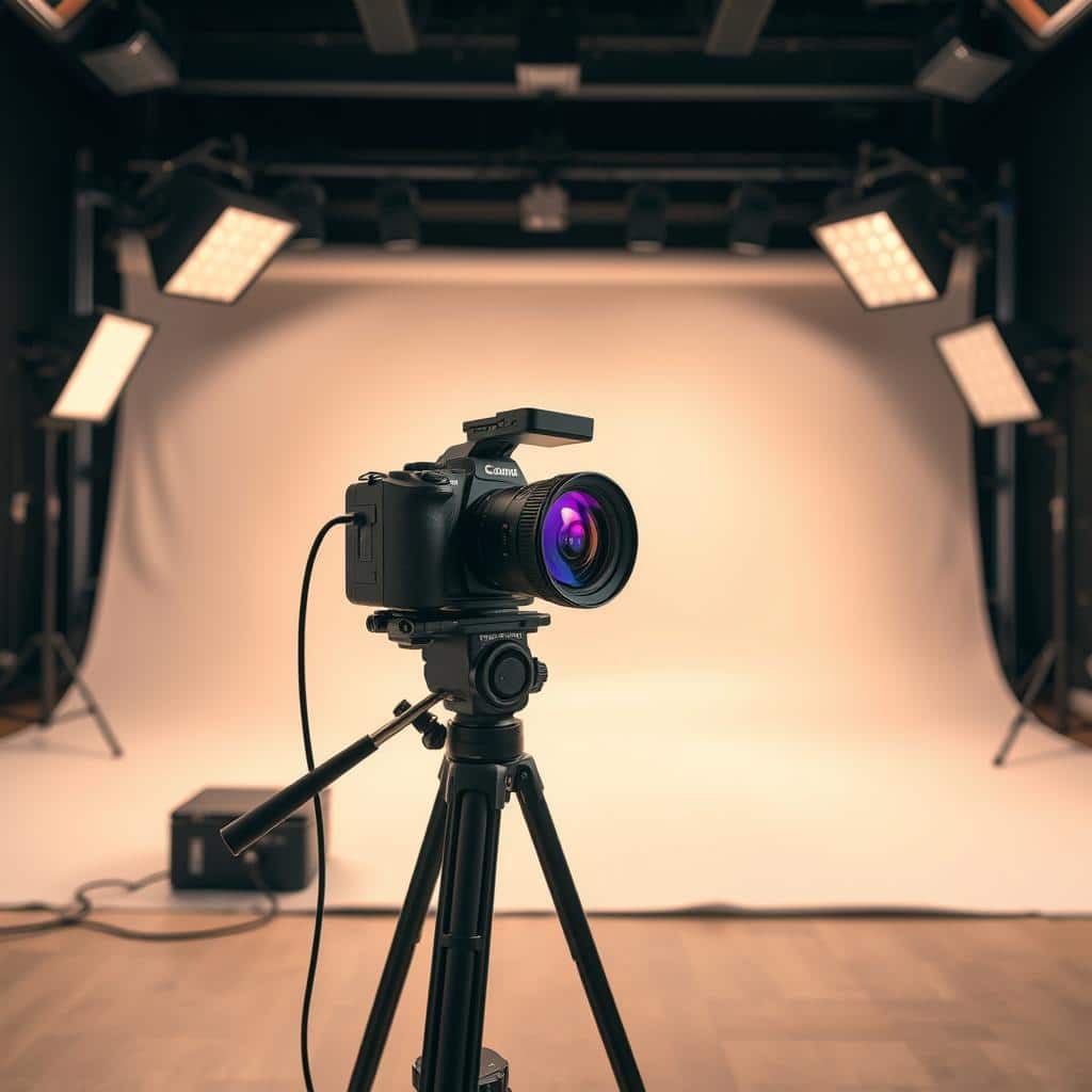 A high-quality, cinematic shot of a professional video recording setup. In the foreground, a modern DSLR camera with a large lens sits on a sturdy tripod, ready to capture stunning footage. In the middle ground, a well-lit, minimalist studio backdrop with subtle textures provides a clean, professional setting. The background features state-of-the-art lighting equipment, including softboxes and key lights, casting a warm, even illumination across the scene. The overall mood is one of creative potential, where technology and artistry converge to enable the creation of captivating video content.