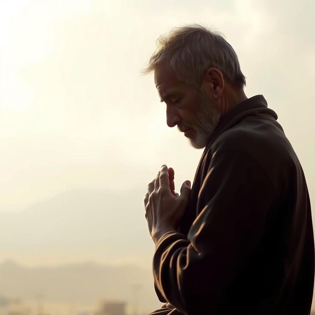 A humble man kneels in prayer, his eyes downcast, hands clasped in reverence. Soft, warm light bathes his weathered face, conveying a sense of divine attentiveness. In the background, a hazy, ethereal landscape suggests a celestial realm, where the cries of the poor are heard and answered. The scene evokes a profound stillness, a moment of sacred communion between the mortal and the divine. Captured through the lens of empathy and compassion, this image beckons the viewer to join the supplicant in a posture of reverence and humility before the Lord.