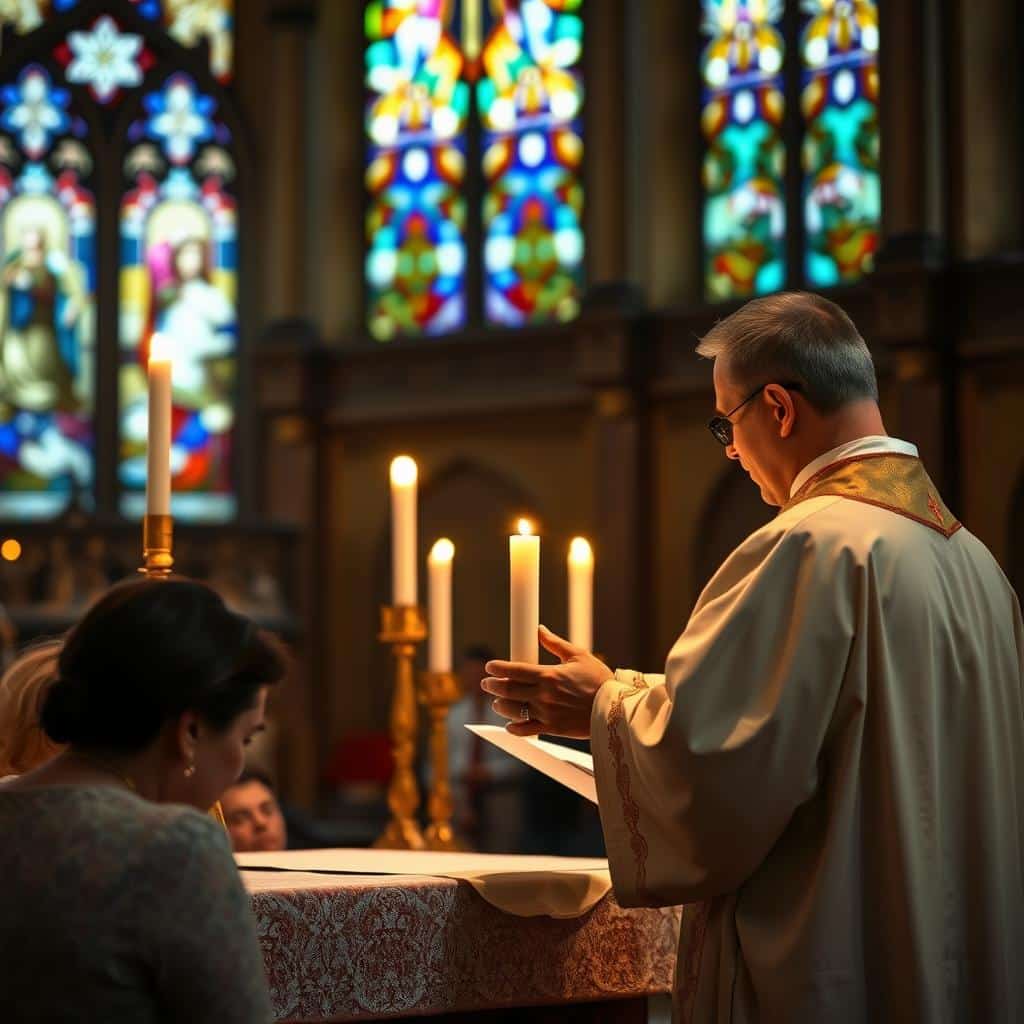 A humble priest stands at the altar, robed in the sacred vestments of the Catholic liturgy. The soft glow of candlelight illuminates his reverent expression as he performs the sacred rites, his hands moving with practiced grace. The ornate altar gleams in the warm light, adorned with intricate carvings and the symbol of the cross. In the background, the stained glass windows cast a kaleidoscope of colors, casting an ethereal atmosphere over the scene. The faithful congregants, their faces etched with devotion, kneel in prayerful contemplation, bearing witness to the humble service unfolding before them.