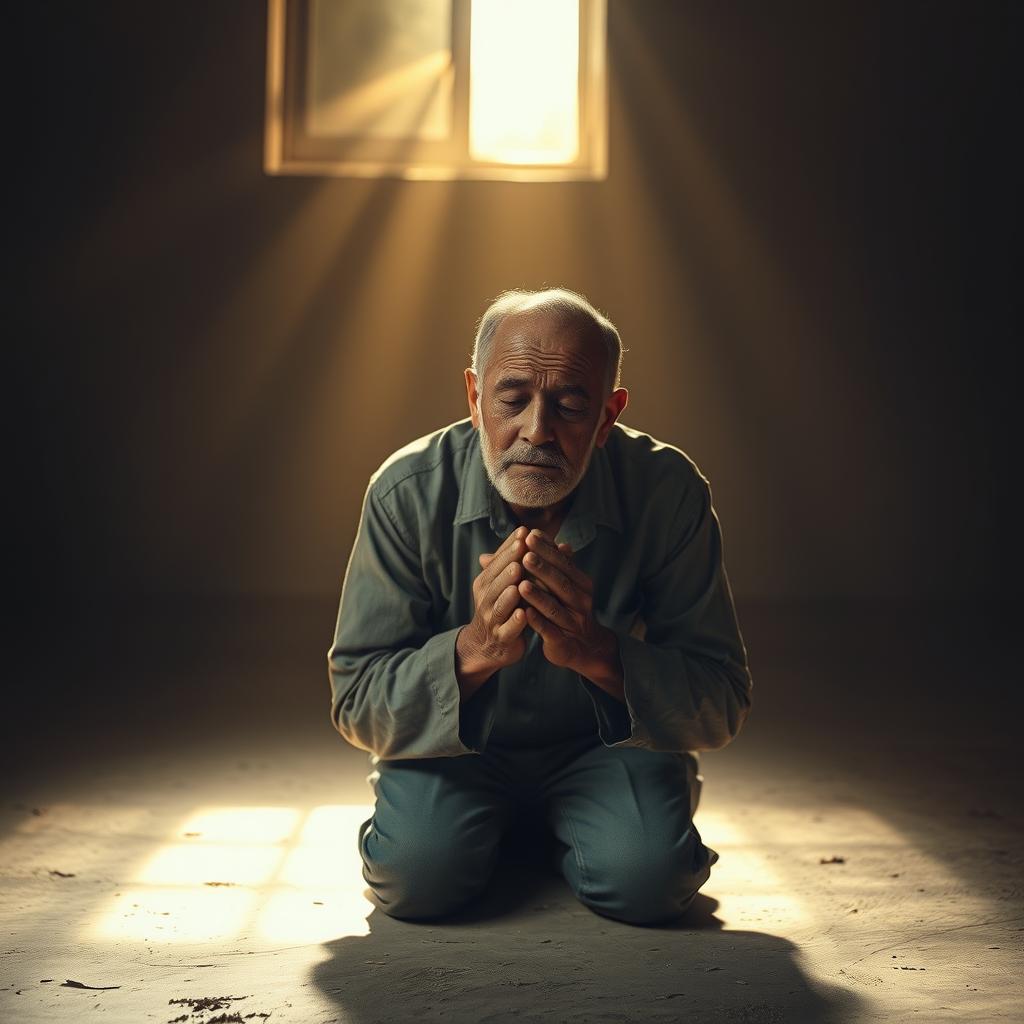 A humble, weathered man kneels in a dimly lit, sparse room, his palms pressed together in prayer. Shafts of warm, golden light filter through a single window, casting a reverent glow upon his worn face as tears stream down his cheeks. The air is heavy with an atmosphere of resignation and quiet anguish. The man's posture conveys a deep, aching plea - a cry of the lowly, rising from the depths of his soul. The composition is tightly framed, focused on the man's emotional expression, inviting the viewer to share in his moment of profound vulnerability and supplication.