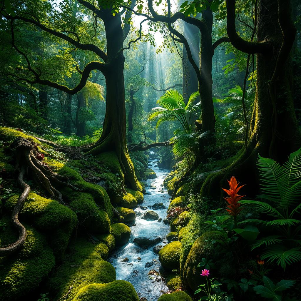A lush, verdant forest canopy casting soft, dappled light onto the mossy undergrowth below. Towering, ancient trees with gnarled roots and vines creeping up their trunks. A shimmering, crystal-clear stream winding its way through the foliage, reflecting the vibrant greens and blues of the surroundings. Exotic flowers and ferns burst forth from the soil, their petals and fronds swaying gently in a warm, fragrant breeze. Rays of sunlight filter through the leaves, illuminating the scene with a dreamlike, enchanted glow. Mysterious shadows dance across the forest floor, hinting at hidden wildlife and untold wonders within this verdant, primordial paradise.