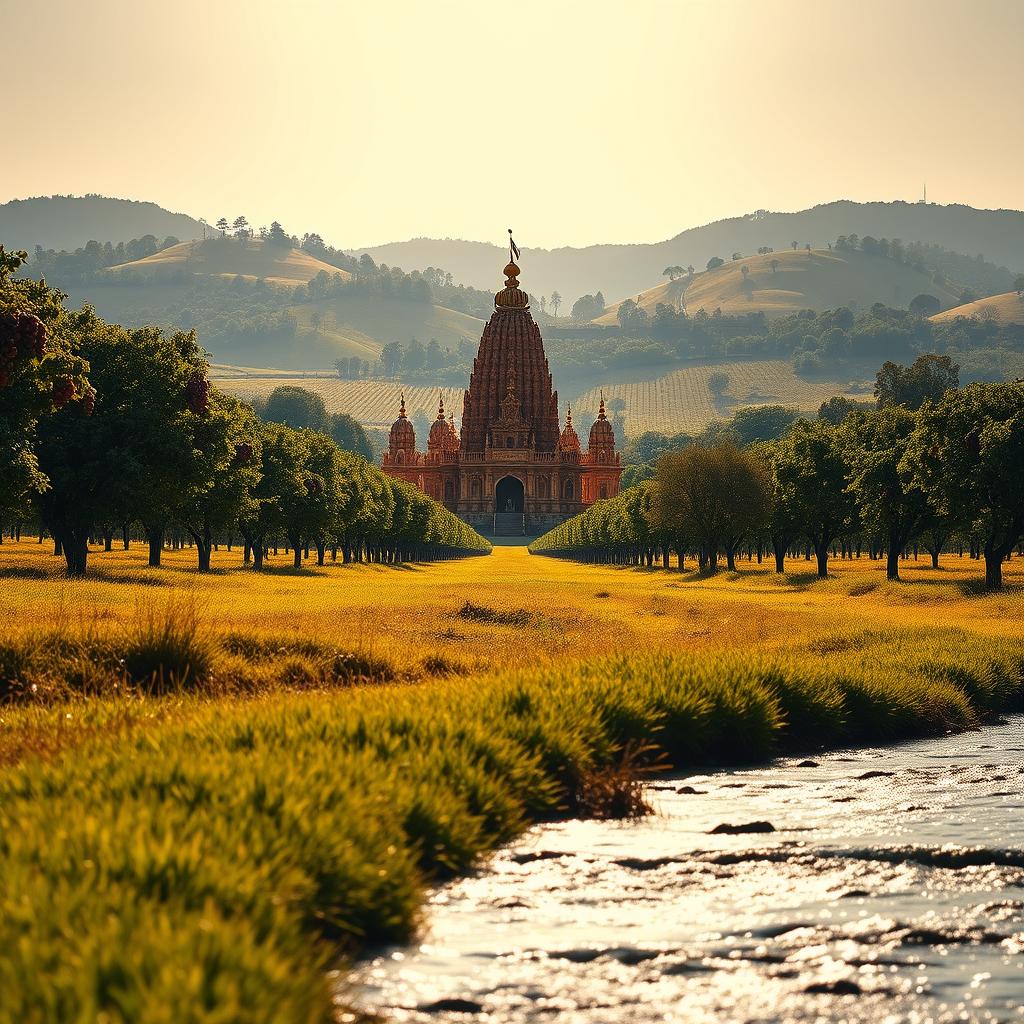 A lush, verdant meadow with a flowing river in the foreground, its waters sparkling in the warm afternoon sunlight. In the middle ground, a grand, ornate temple stands tall, its golden spires and intricate carvings reflecting the abundance and prosperity of the land. In the background, rolling hills dotted with thriving orchards and vineyards, their branches heavy with ripe fruits and grapes. The scene radiates a sense of divine provision, with a soft, heavenly glow illuminating the entire landscape. Captured with a wide-angle lens, the composition emphasizes the harmony and magnitude of God's blessings.