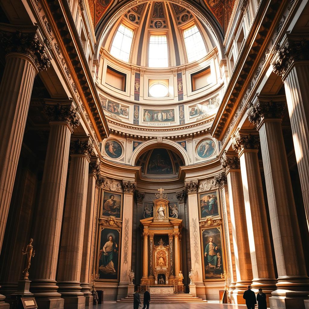 A magnificent 4th-century Roman basilica stands proud, its grand facade adorned with ornate columns and intricate carvings. Warm sunlight filters through the towering windows, casting a reverent glow upon the ornate interior. Intricate mosaics and frescoes line the walls, depicting scenes of faith and devotion. In the center, the high altar gleams, a testament to the enduring importance of this sacred space. The Lateran Basilica, the mother church of Christendom, radiates a sense of timeless grandeur and unwavering dedication to the divine.