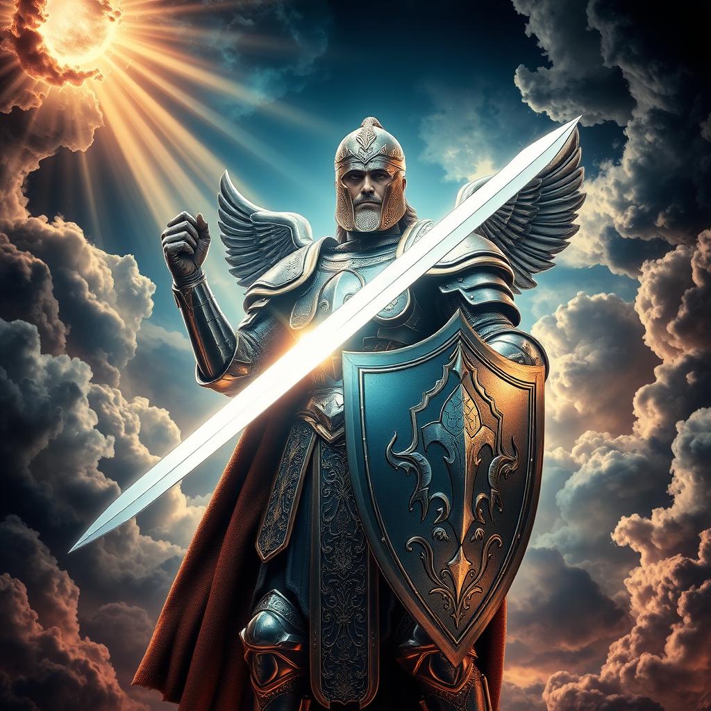 A majestic, awe-inspiring depiction of the Armor of God, standing tall and resolute against a backdrop of swirling celestial energies. In the foreground, a divine warrior adorned in gleaming, intricately-detailed armor, wielding a sword of radiant light. The warrior's expression is one of unwavering determination, their gaze fixed upon an unseen enemy. In the middle ground, a shimmering shield of faith, a helmet of salvation, and a breastplate of righteousness, all radiating an ethereal glow. The background is a tapestry of stormy clouds, pierced by brilliant rays of heavenly light, evoking a sense of spiritual warfare and the protection of the divine. Cinematic, dramatic lighting casts dramatic shadows, heightening the tension and the warrior's resolve.