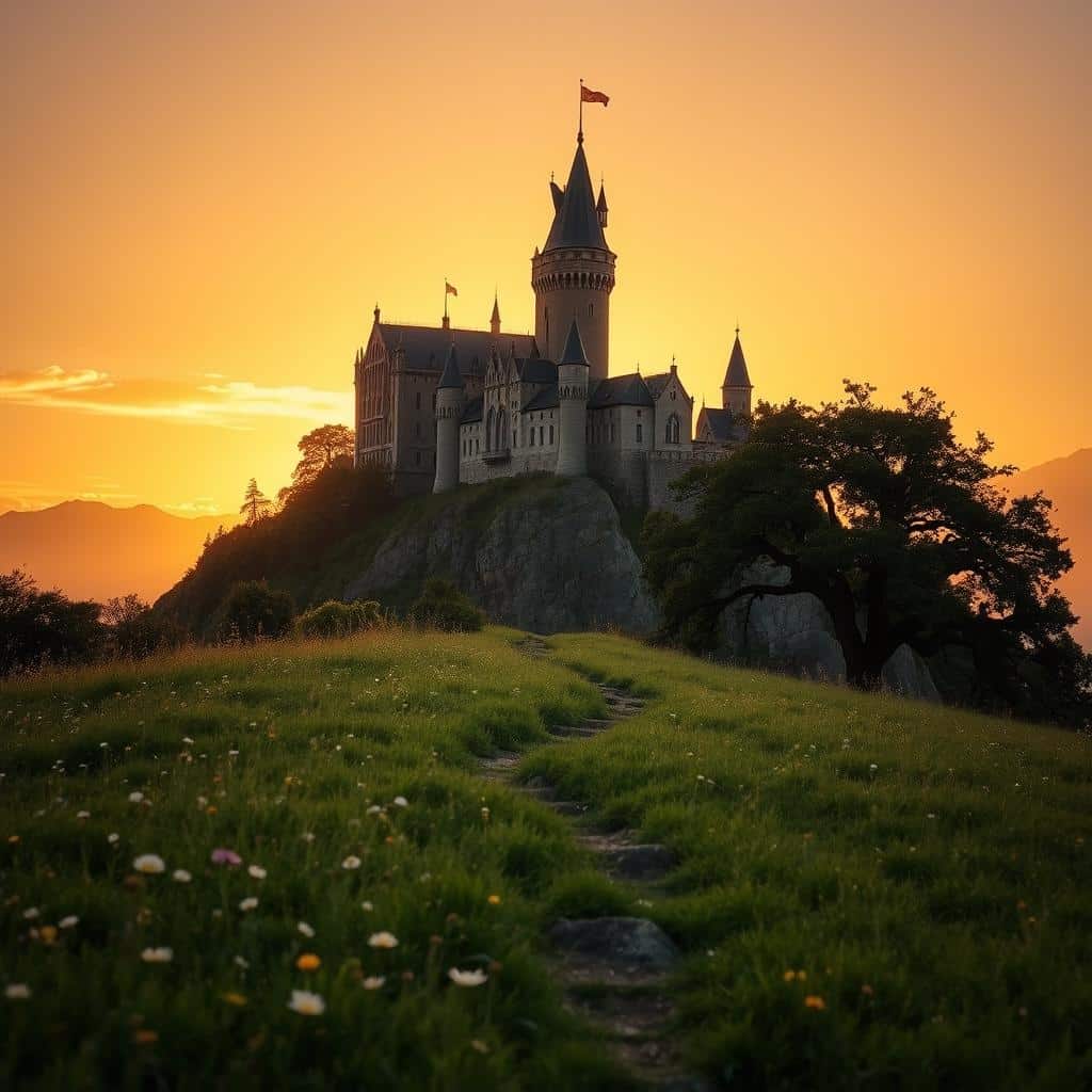 A majestic castle perched atop a towering mountain, its spires and turrets silhouetted against a golden sunset sky. The foreground is a lush, verdant meadow, dotted with wildflowers that sway gently in the breeze. In the middle ground, a winding path leads up to the castle's gates, flanked by ancient oak trees. The lighting is warm and soft, casting a serene, ethereal glow over the entire scene. The atmosphere is one of timeless grandeur, hinting at the power and glory of a bygone era. This is a kingdom that stands as a beacon of hope and resilience, a testament to the enduring spirit of humanity.