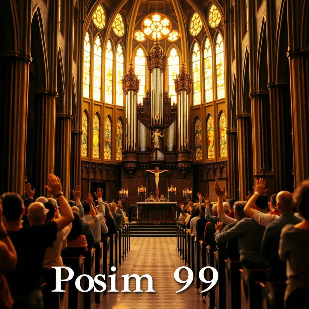 A majestic cathedral interior, with stained glass windows casting warm, golden light across the pews. In the foreground, a group of worshippers standing with arms raised, faces uplifted in reverence, their expressions reflecting the depth of their devotion. The middle ground features a grand pipe organ, its pipes reaching towards the vaulted ceiling. In the background, a magnificent altar adorned with intricate carvings and a large crucifix, serving as the focal point for the congregation's adoration. The scene conveys a profound sense of awe, wonder, and the transcendent power of worship, as if Psalm 95 has been given visual form.