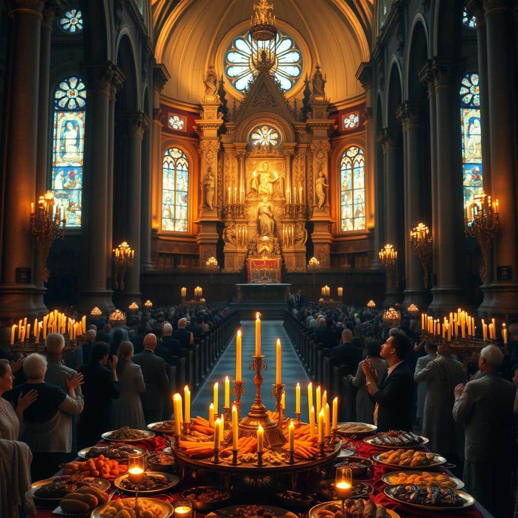 A majestic feast for Christ the King, set in a grand cathedral. In the foreground, a sumptuous table laden with an abundance of rich, decadent dishes, glowing in the warm, candlelit ambiance. Towering behind it, the magnificent altar adorned with intricate carvings and gleaming gold accents, bathed in soft, celestial lighting from above. In the middle ground, stained glass windows cast kaleidoscopic patterns of color, while ornate columns and arches frame the scene, evoking a sense of reverence and grandeur. The background is filled with a crowd of devout worshippers, their faces uplifted in solemn adoration of the divine feast before them.