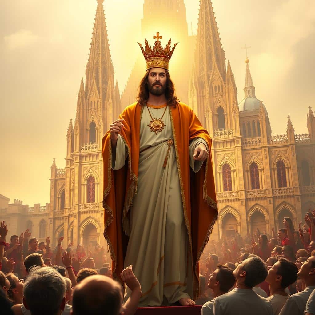 A majestic figure of Jesus Christ, portrayed as the eternal King, stands in the foreground, his regal robes and crown of glory radiating a divine light. In the middle ground, a crowd of adoring worshippers kneel in reverence, their faces upturned in awe. The background depicts a grand, ornate cathedral, its towering spires reaching towards the heavens, symbolizing the timeless authority and enduring legacy of Christ's eternal kingship. The scene is bathed in a warm, golden glow, evoking a sense of timelessness and the everlasting nature of Christ's sovereign reign.