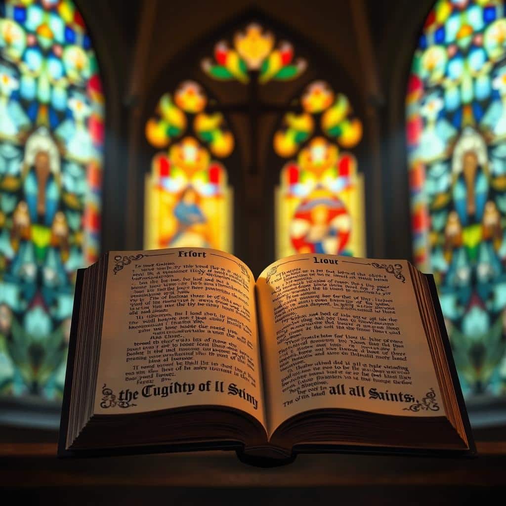 A meticulously crafted open book floats against a serene backdrop, its pages illuminated by warm, heavenly light. The text appears to be ancient scripture, the words seemingly glowing with divine essence. Stained glass windows in the distance cast an ethereal glow, creating a reverent, contemplative atmosphere. Ornate flourishes adorn the book's binding, hinting at the sacred nature of the contents. The composition is balanced, allowing the viewer to focus on the central object of veneration - the scripture readings that celebrate the Solemnity of All Saints.