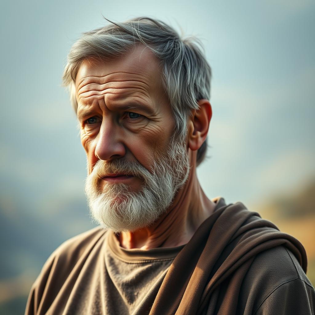 A middle-aged man, Paul, stands in a reflective pose, his gaze focused inward. Soft, diffuse lighting illuminates his weathered features, casting gentle shadows that accentuate the lines of his face, a lifetime of experiences etched upon it. The background is a blurred, dreamlike landscape, hinting at the expansive journey of his ministry. Paul's expression conveys a pensive, introspective mood, as if he is contemplating the ups and downs, the triumphs and challenges, that have defined his life's work. The composition is balanced, with Paul's figure occupying the central focus, surrounded by a sense of quiet solemnity and personal reflection.