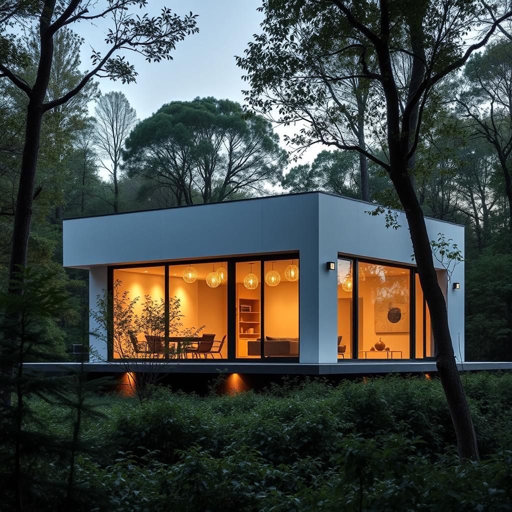 A modern, minimalist low-EMF home nestled in a serene, wooded landscape. The sleek, energy-efficient building is situated amidst lush greenery, with large windows that flood the interior with natural light. Soft, diffused lighting casts a warm, inviting glow throughout the rooms. The home's design features strategic EMF-shielding materials, carefully placed wiring, and thoughtful technology placement to create a safe, harmonious living environment. A sense of tranquility and wellness permeates the scene, with the home seamlessly blending into its natural surroundings.