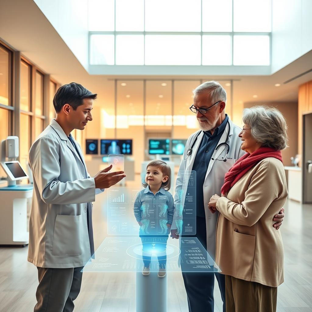 A modern, sleek and minimalist medical office with large windows, natural lighting, and a warm color palette. In the foreground, a family of three - a parent, child, and grandparent - engaged in a medical consultation with a healthcare professional wearing a white coat. They are gathered around a holographic display showcasing personalized health data and guidance. In the middle ground, there are various digital displays, interactive touch screens, and advanced medical devices. The background features an open floor plan with clean lines, soothing textures, and a serene ambiance, conveying a sense of well-being, trust, and technological innovation in healthcare.