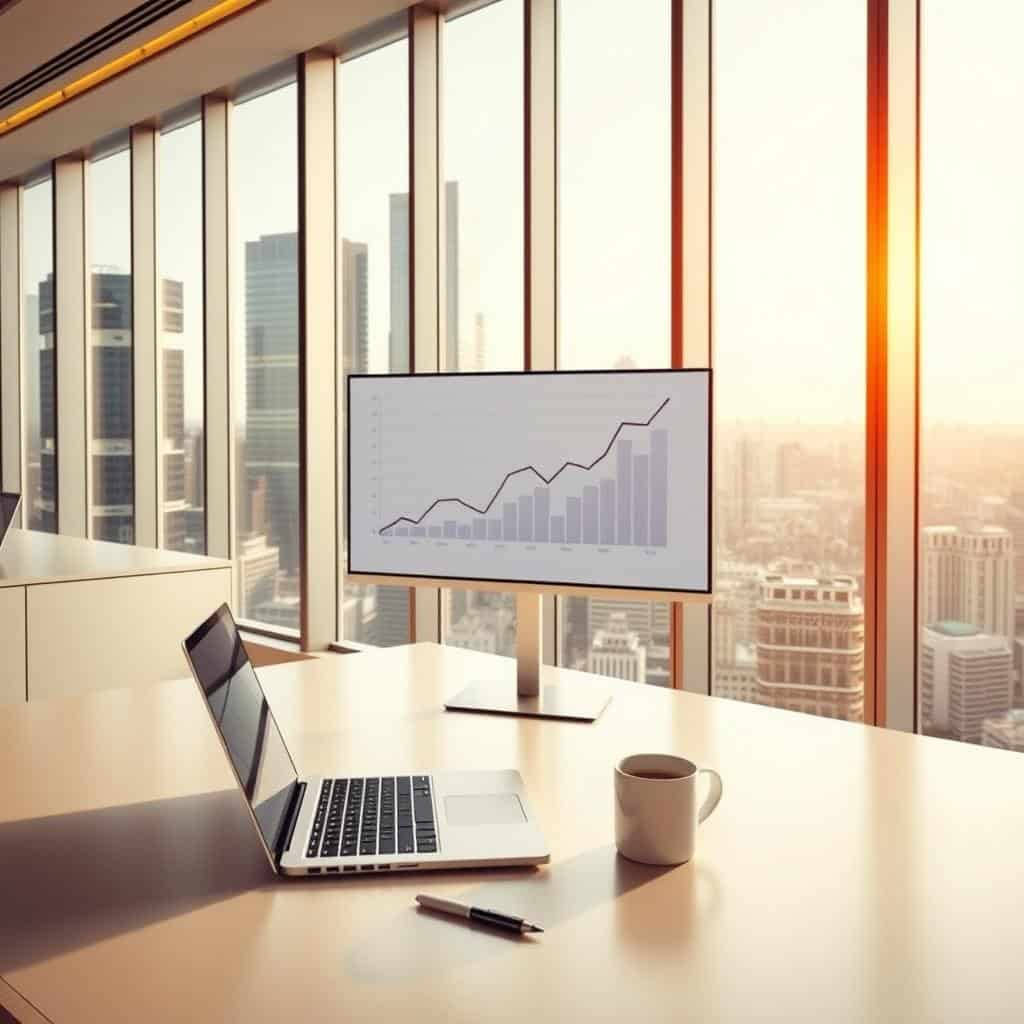 A modern, sleek office interior with floor-to-ceiling windows overlooking a bustling cityscape. In the foreground, a minimalist desk with a laptop, pen, and a mug of coffee. On the screen, a graph depicting a steady, upward-trending line - a visual representation of recurring revenue. The lighting is soft and warm, creating a sense of productivity and calm. The background features geometric shapes and patterns, hinting at the data-driven nature of the recurring revenue model. The overall atmosphere conveys the stability and reliability of a recurring income stream, perfect for illustrating the section on turning side gigs into monthly recurring revenue.