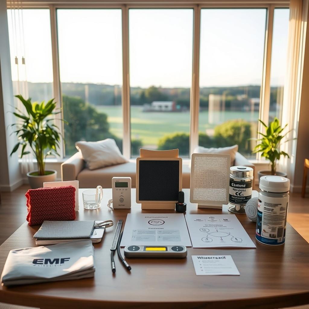 A modern, well-lit home interior with a center table displaying a variety of EMF shielding products. The foreground showcases different types of protective devices such as EMF blocking fabrics, mesh panels, and radiation-absorbing paints. The middle ground features scientific-looking measuring instruments and diagrams explaining the technology. In the background, a window overlooks a serene outdoor landscape, conveying a sense of tranquility and wellness. Warm, natural lighting illuminates the scene, highlighting the sleek, minimalist design of the shielding solutions. The overall atmosphere is informative, reassuring, and promotes a healthy, EMF-safe living environment.
