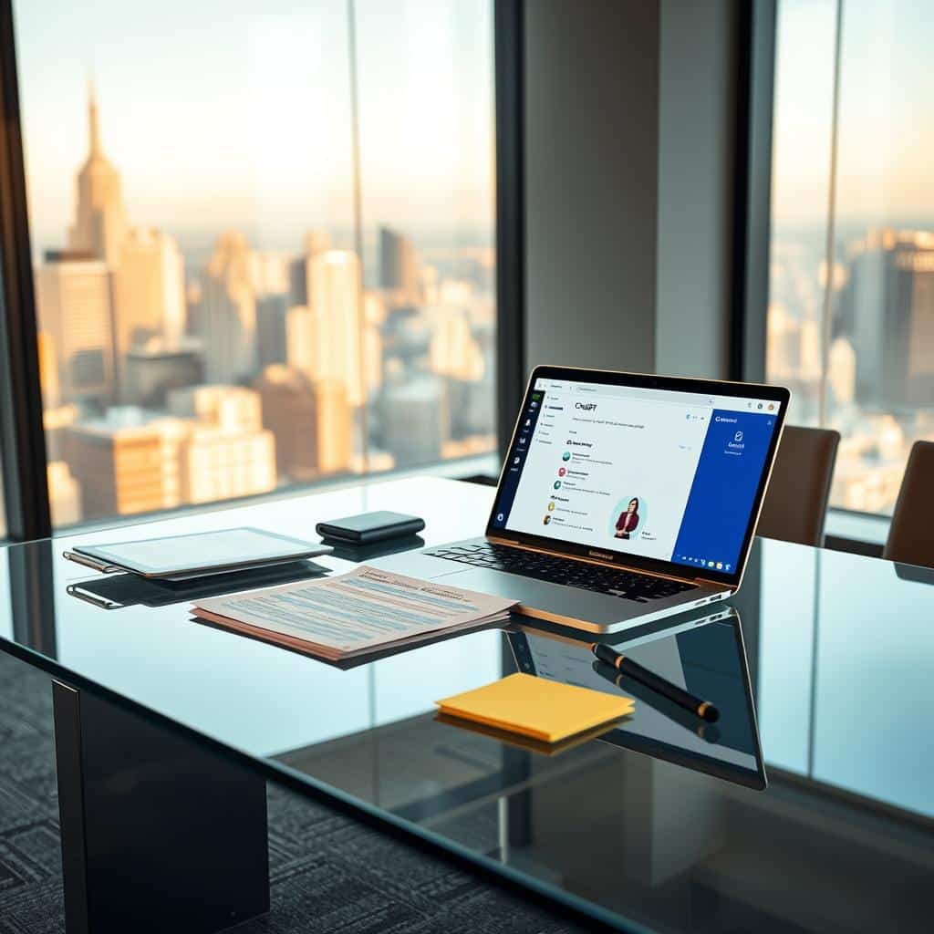 A modern, well-lit office setting with a sleek glass table in the foreground. On the tabletop, various strategy tools and documents are neatly arranged, including a laptop displaying the ChatGPT interface, a digital tablet, sticky notes, and a pen. The background features floor-to-ceiling windows overlooking a cityscape, bathed in warm, directional lighting. The overall atmosphere conveys a sense of efficiency, productivity, and a focus on leveraging AI-powered tools like ChatGPT to enhance the decision-making process.